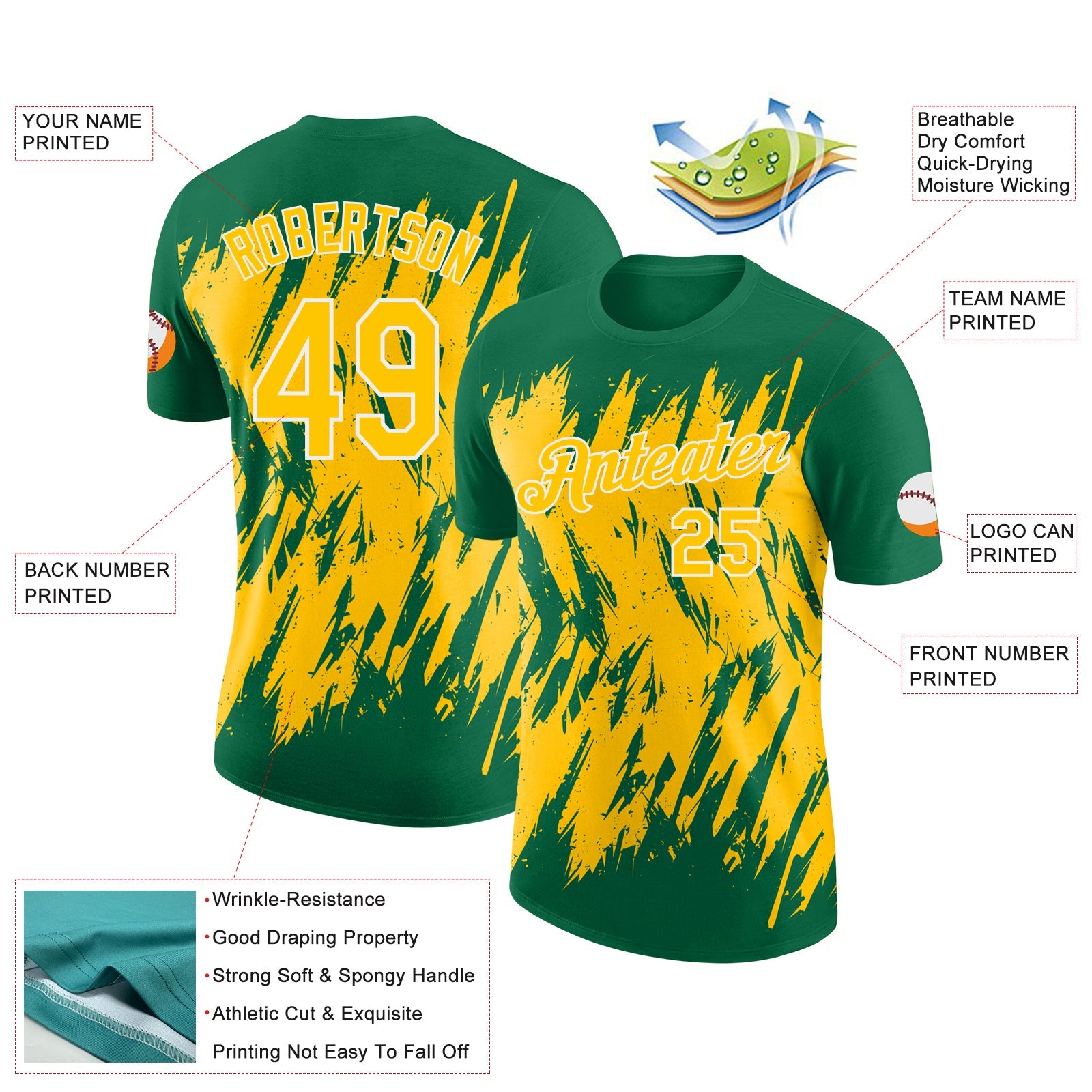 Custom Kelly Green Yellow-White Torn Sharp Brush Stroke Splatter Performance T-Shirt view 2