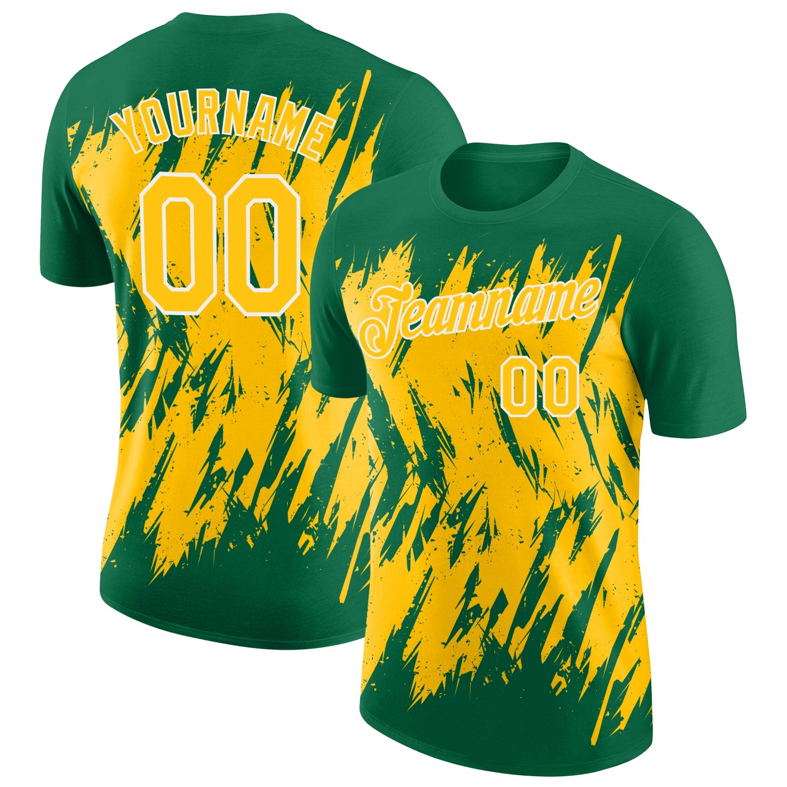 Custom Kelly Green Yellow-White Torn Sharp Brush Stroke Splatter Performance T-Shirt - Main View