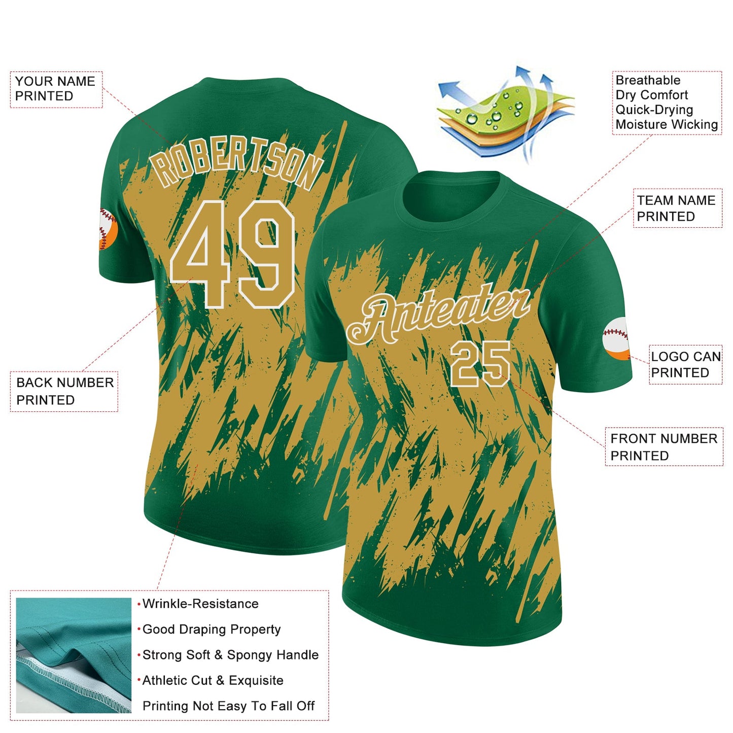 Custom Kelly Green Old Gold-White Torn Sharp Brush Stroke Splatter Performance T-Shirt view 2