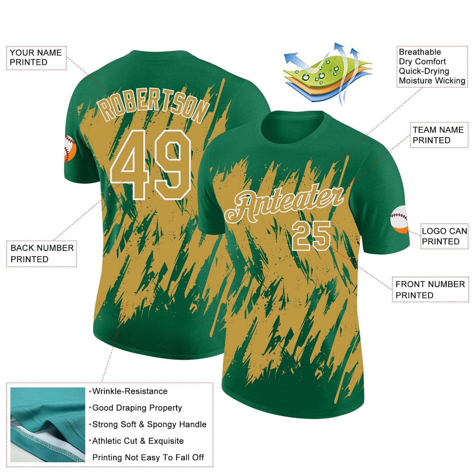Custom Kelly Green Old Gold-White Torn Sharp Brush Stroke Splatter Performance T-Shirt view 2