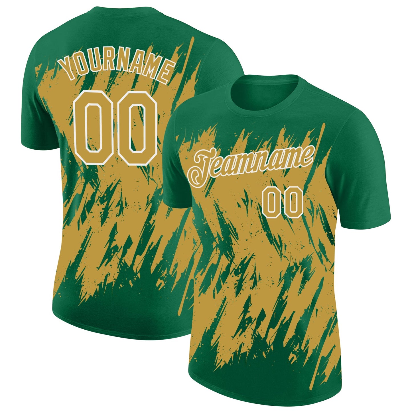 Custom Kelly Green Old Gold-White Torn Sharp Brush Stroke Splatter Performance T-Shirt - Main View