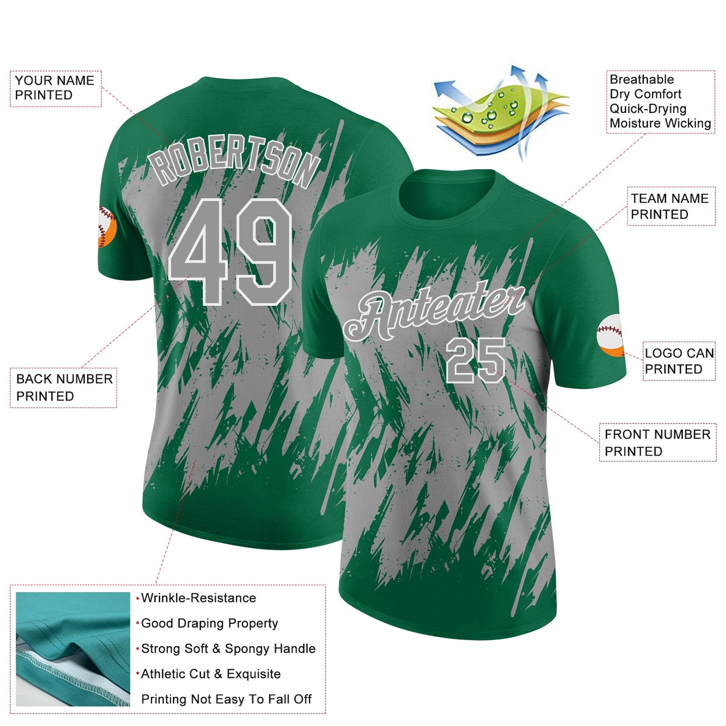 Custom Kelly Green Gray-White Torn Sharp Brush Stroke Splatter Performance T-Shirt view 2