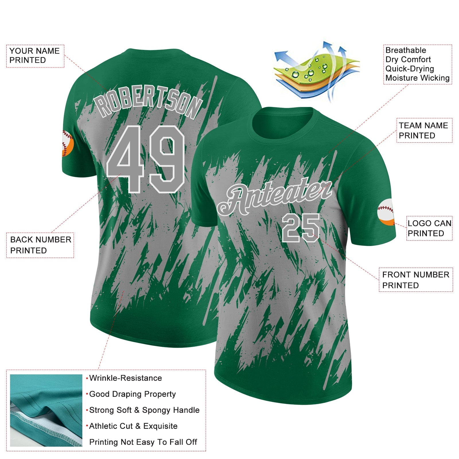 Custom Kelly Green Gray-White Torn Sharp Brush Stroke Splatter Performance T-Shirt view 2