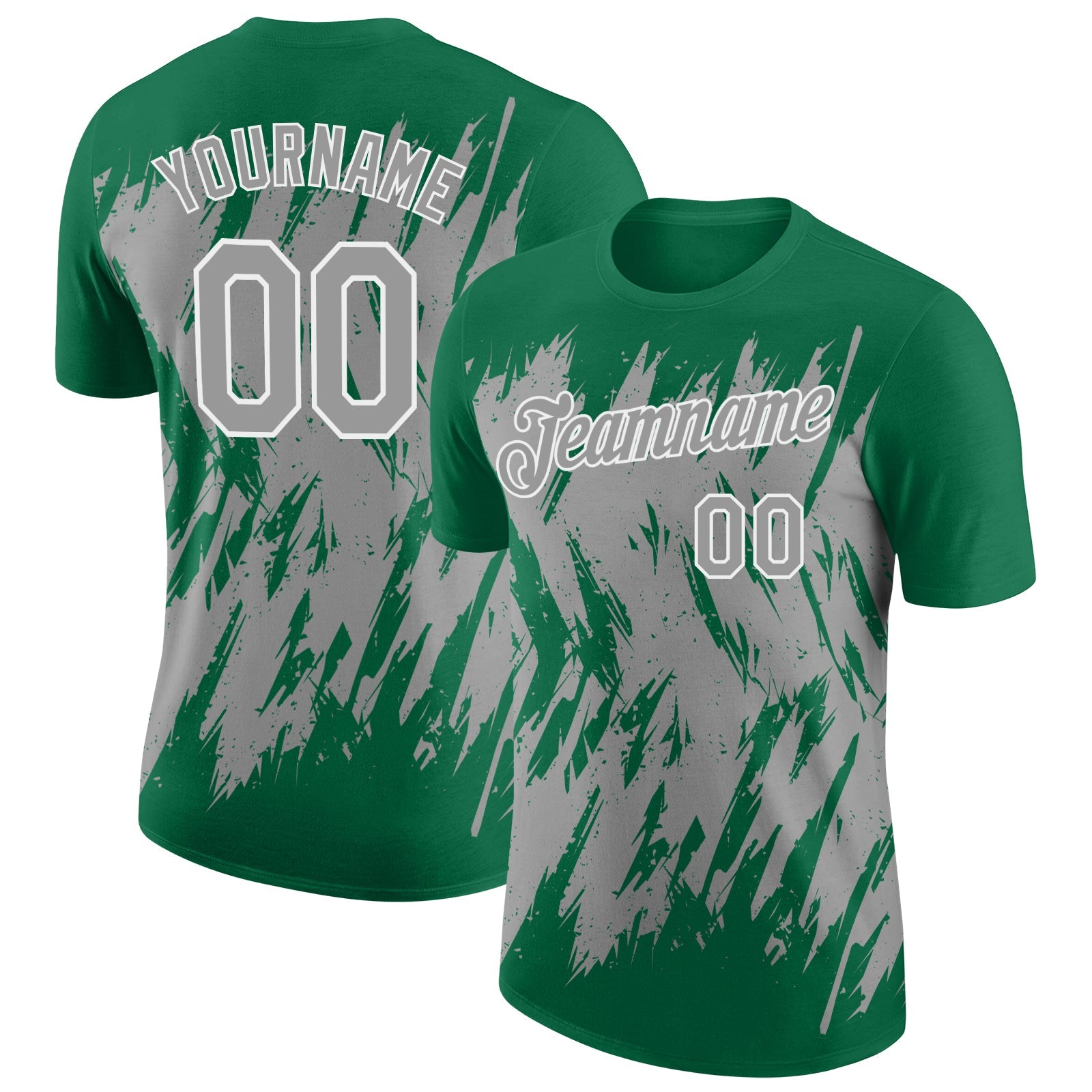 Custom Kelly Green Gray-White Torn Sharp Brush Stroke Splatter Performance T-Shirt - Main View