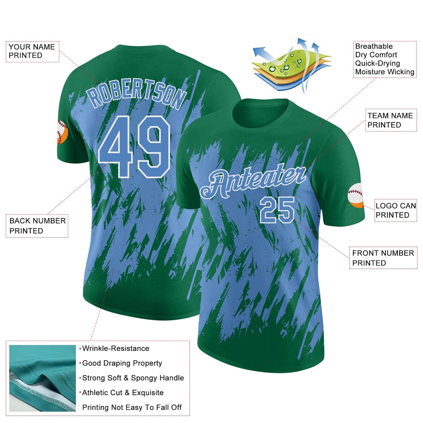 Custom Kelly Green Light Blue-White Torn Sharp Brush Stroke Splatter Performance T-Shirt view 2