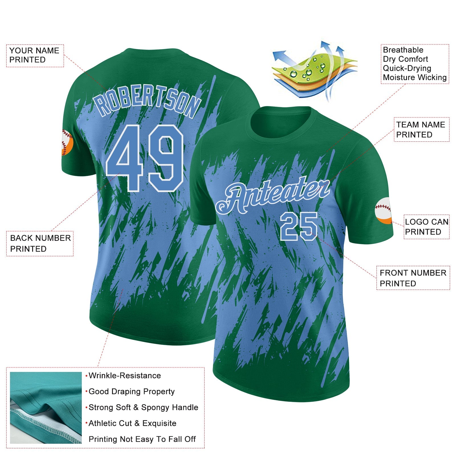 Custom Kelly Green Light Blue-White Torn Sharp Brush Stroke Splatter Performance T-Shirt view 2