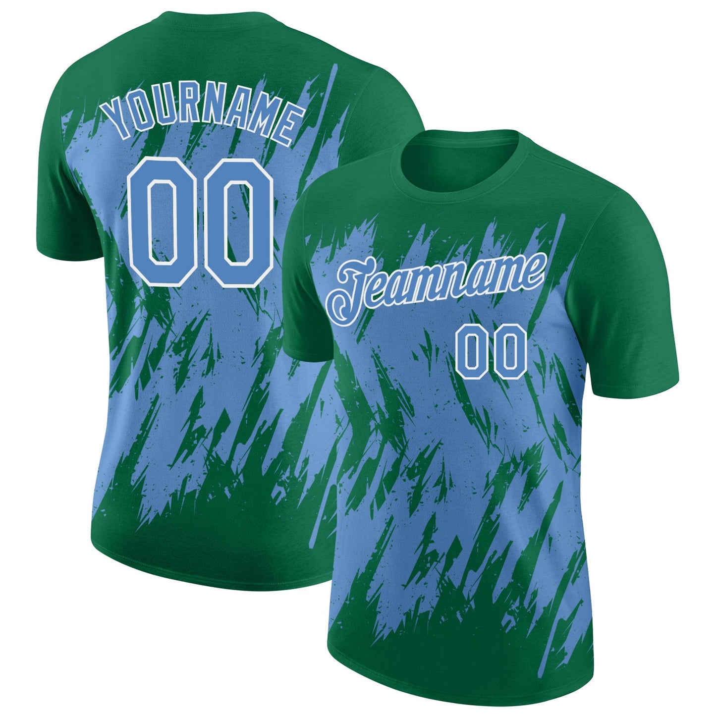 Custom Kelly Green Light Blue-White Torn Sharp Brush Stroke Splatter Performance T-Shirt - Main View