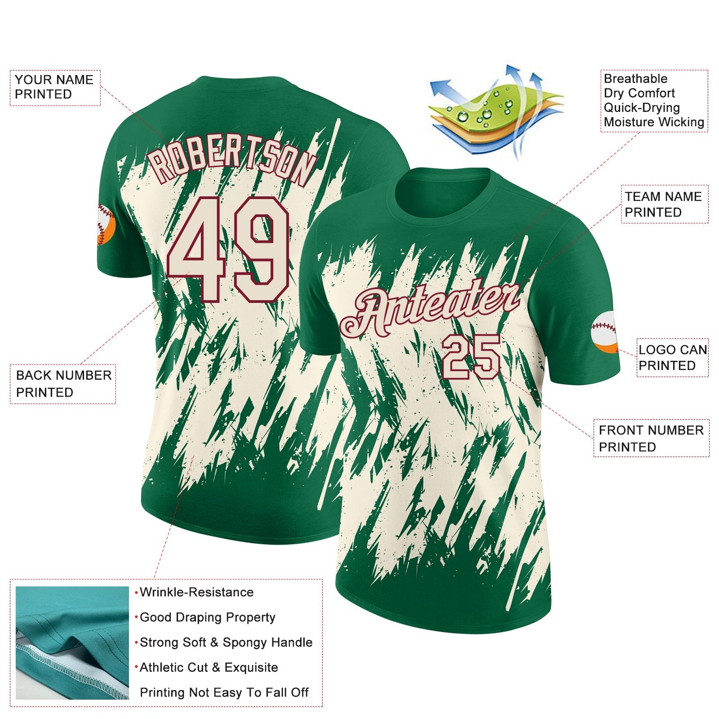 Custom Kelly Green Cream-Crimson Torn Sharp Brush Stroke Splatter Performance T-Shirt view 2