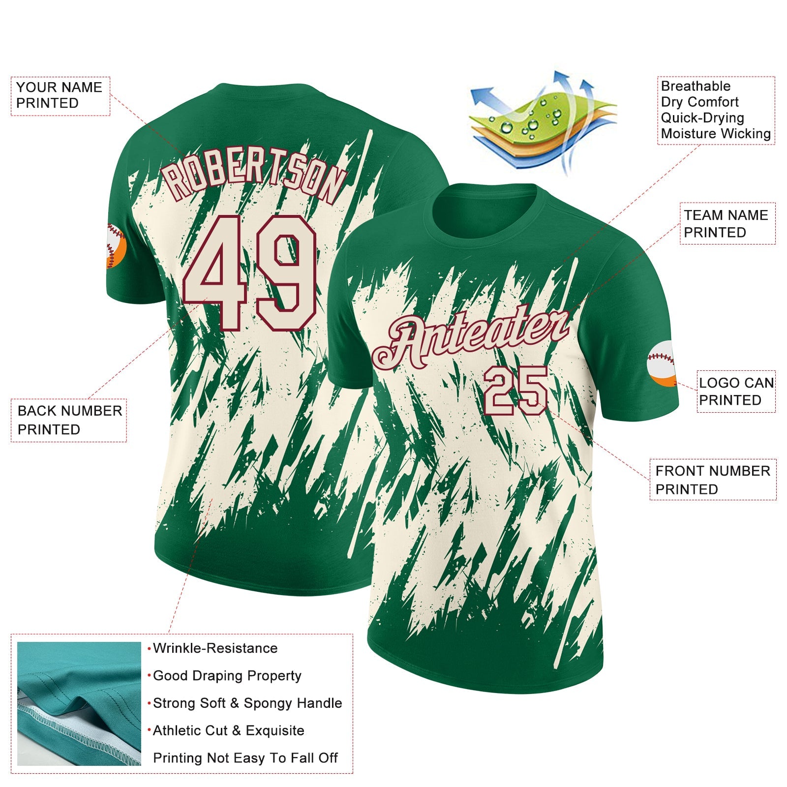 Custom Kelly Green Cream-Crimson Torn Sharp Brush Stroke Splatter Performance T-Shirt view 2
