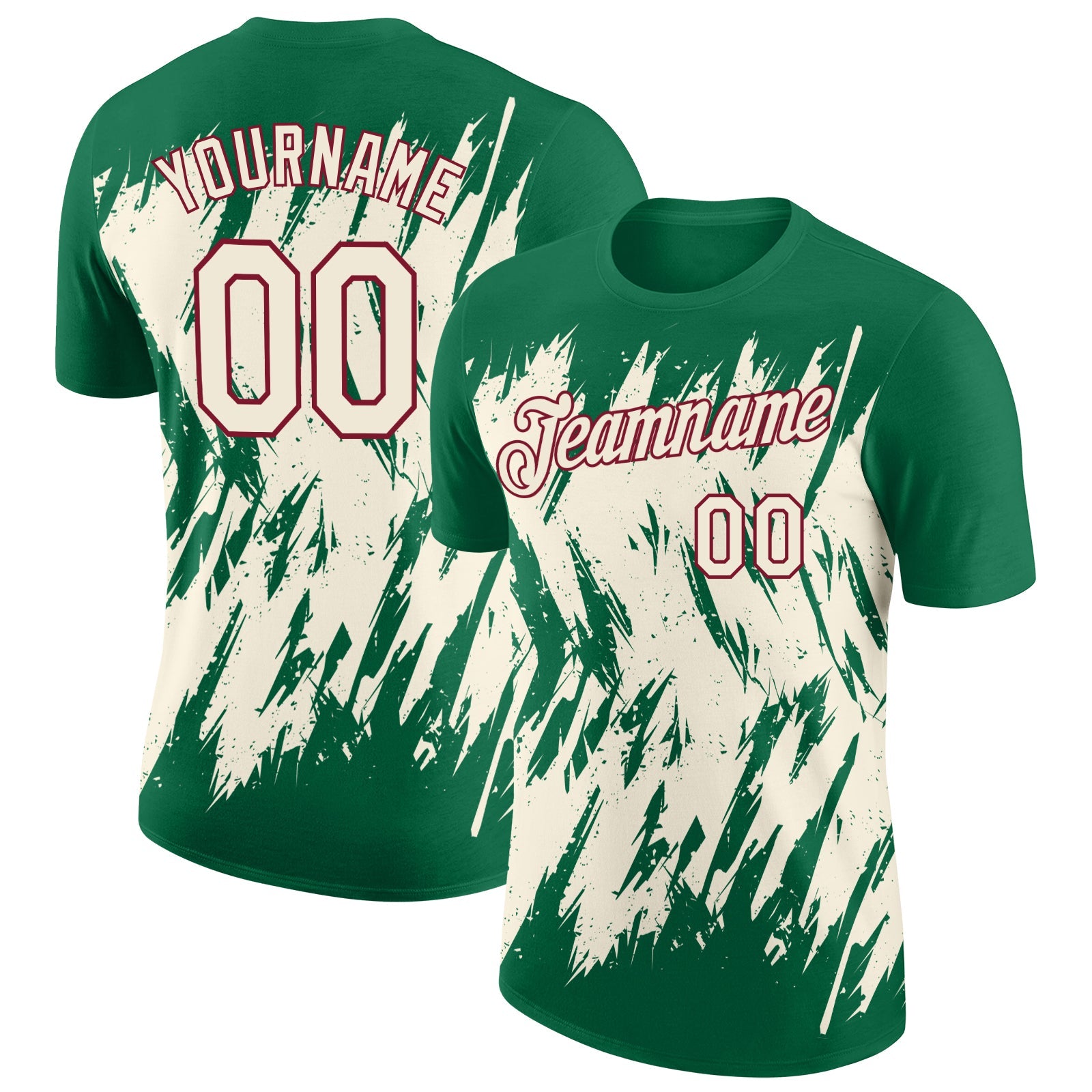 Custom Kelly Green Cream-Crimson Torn Sharp Brush Stroke Splatter Performance T-Shirt - Main View