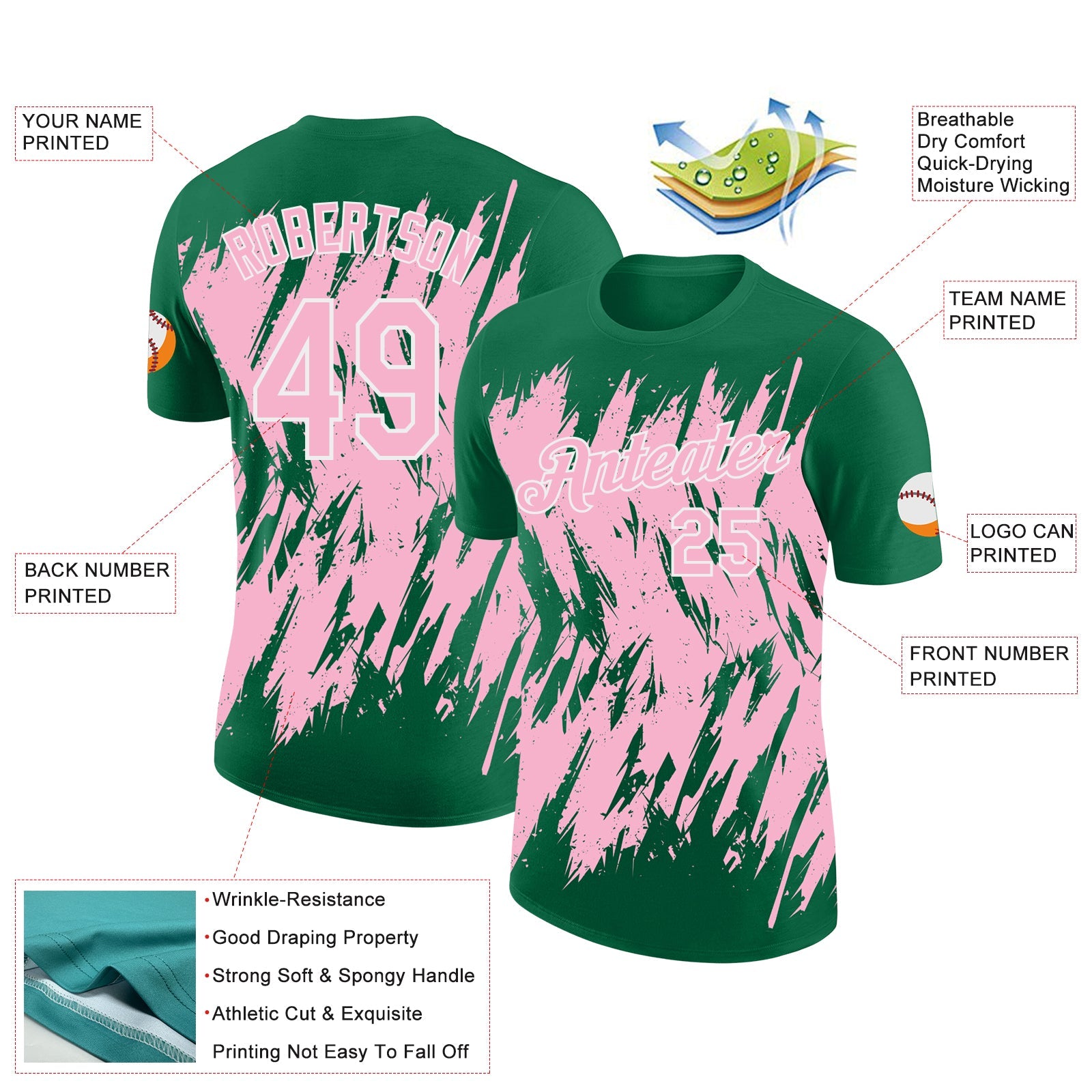Custom Kelly Green Light Pink-White Torn Sharp Brush Stroke Splatter Performance T-Shirt view 2
