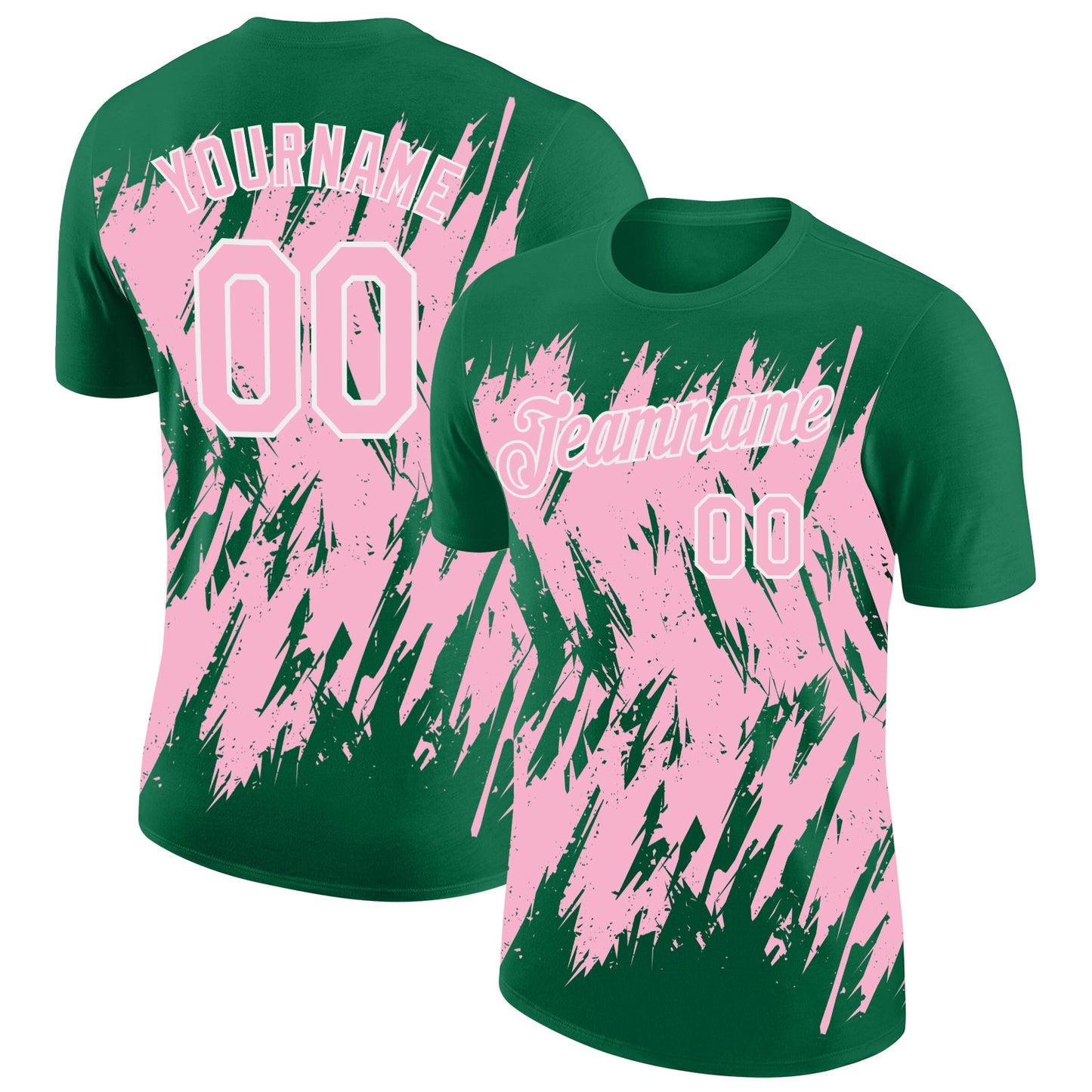 Custom Kelly Green Light Pink-White Torn Sharp Brush Stroke Splatter Performance T-Shirt - Main View