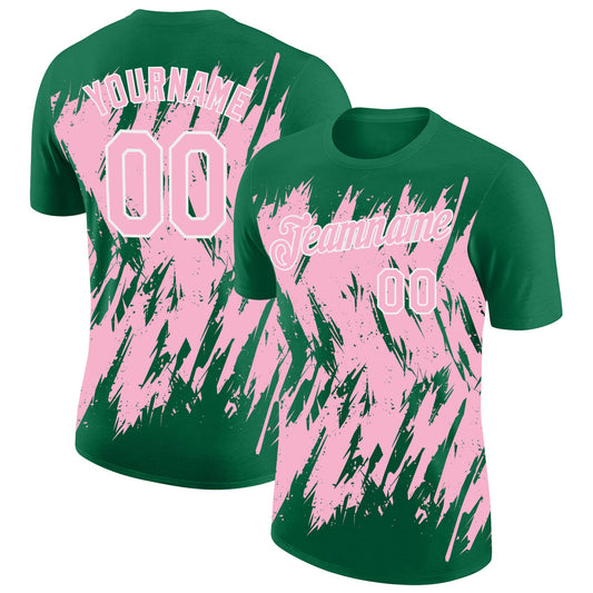 Custom Kelly Green Light Pink-White Torn Sharp Brush Stroke Splatter Performance T-Shirt - Main View