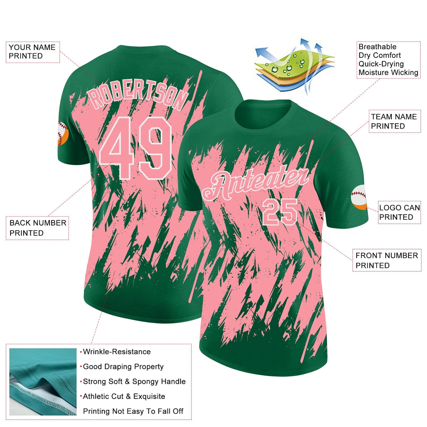 Custom Kelly Green Medium Pink-White Torn Sharp Brush Stroke Splatter Performance T-Shirt view 2