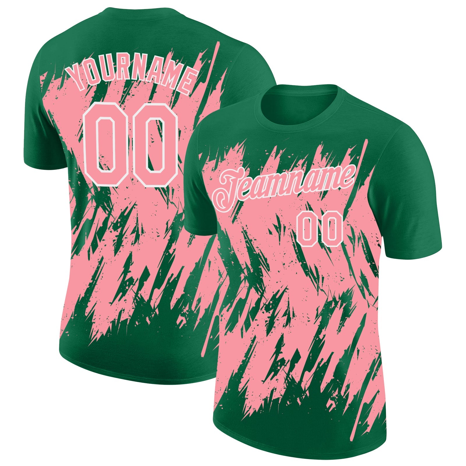 Custom Kelly Green Medium Pink-White Torn Sharp Brush Stroke Splatter Performance T-Shirt - Main View