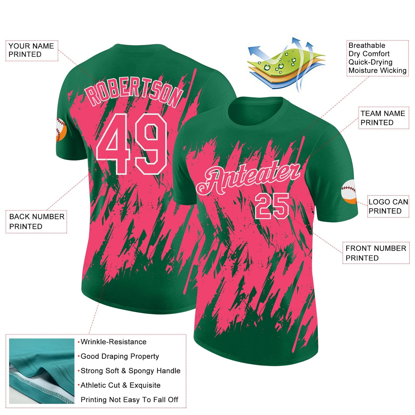Custom Kelly Green Neon Pink-White Torn Sharp Brush Stroke Splatter Performance T-Shirt view 2