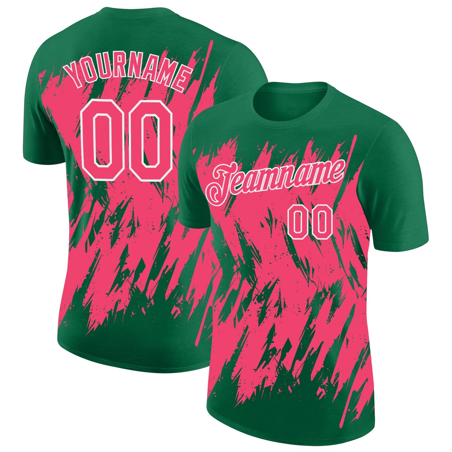 Custom Kelly Green Neon Pink-White Torn Sharp Brush Stroke Splatter Performance T-Shirt - Main View
