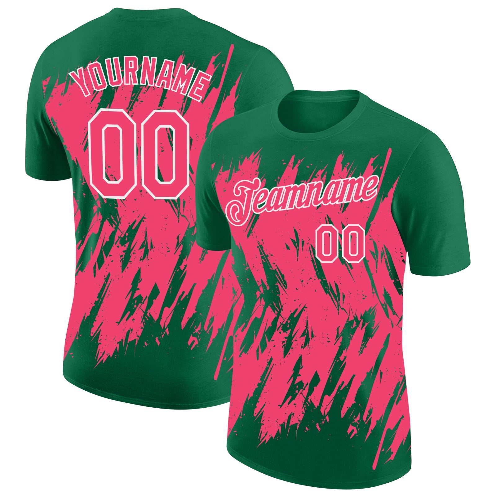 Custom Kelly Green Neon Pink-White Torn Sharp Brush Stroke Splatter Performance T-Shirt - Main View