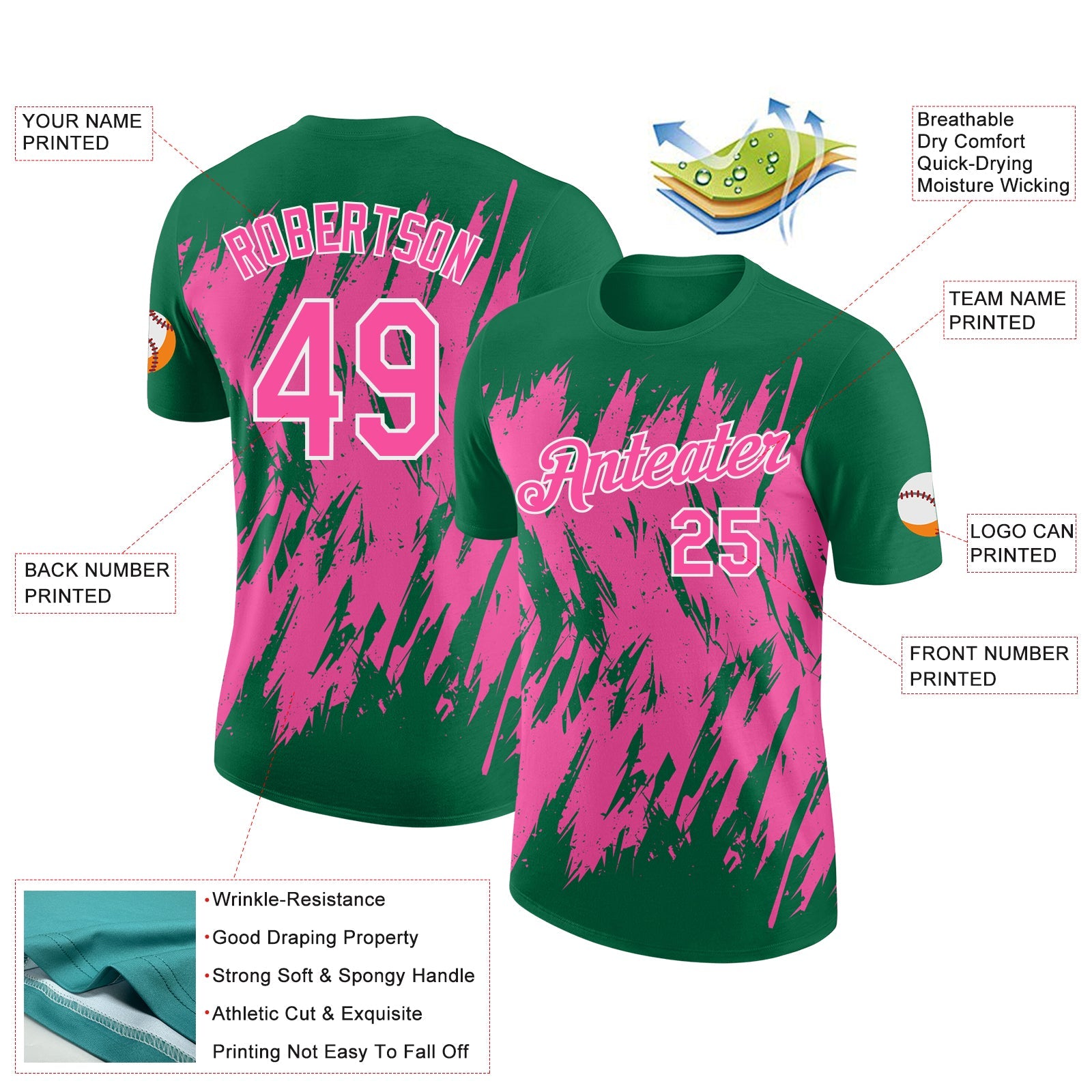 Custom Kelly Green Pink-White Torn Sharp Brush Stroke Splatter Performance T-Shirt view 2