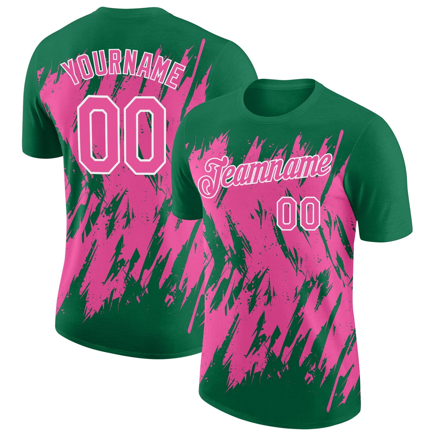 Custom Kelly Green Pink-White Torn Sharp Brush Stroke Splatter Performance T-Shirt - Main View