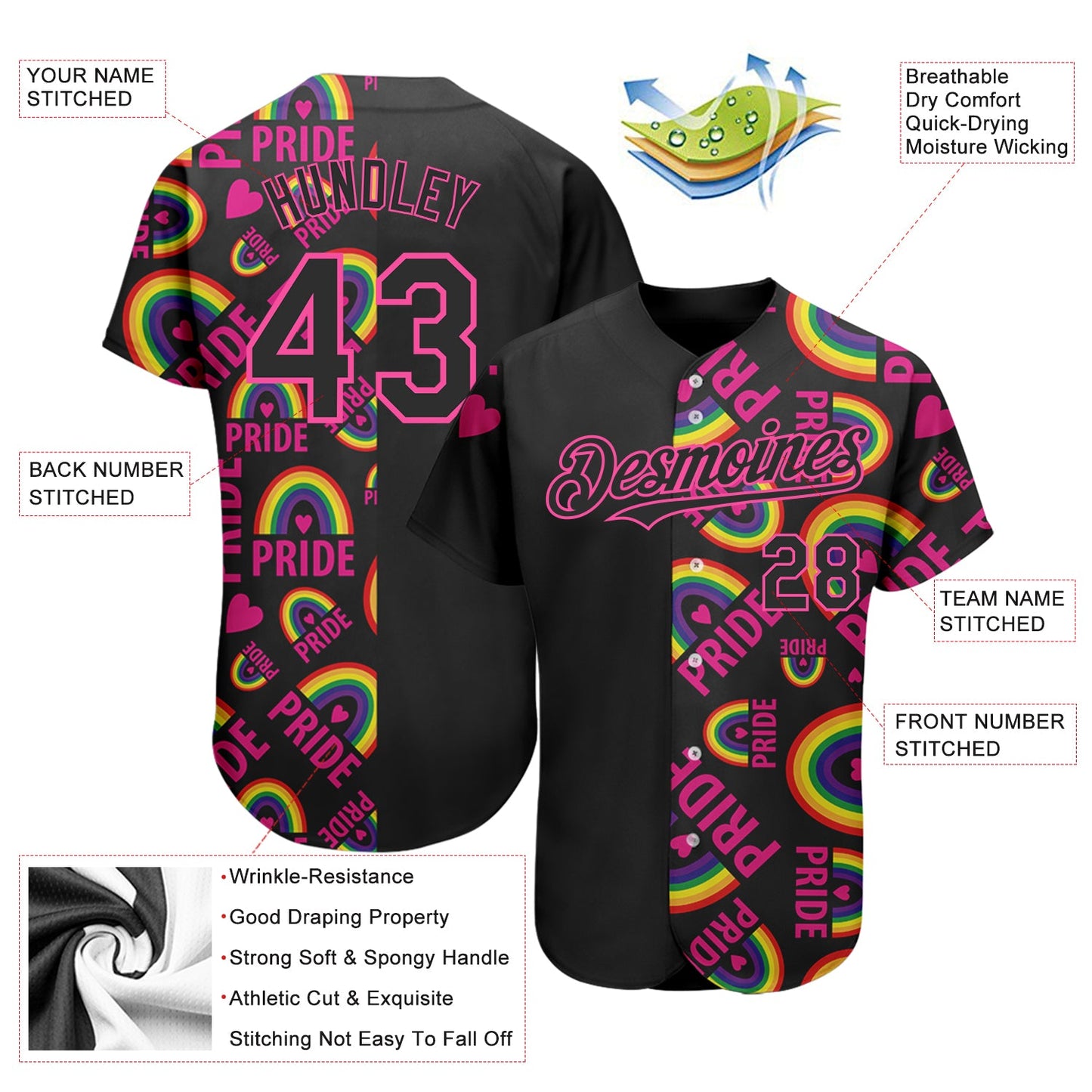 Custom Rainbow For Pride Month Love Is Love LGBT 3D Authentic Baseball Jersey view 3