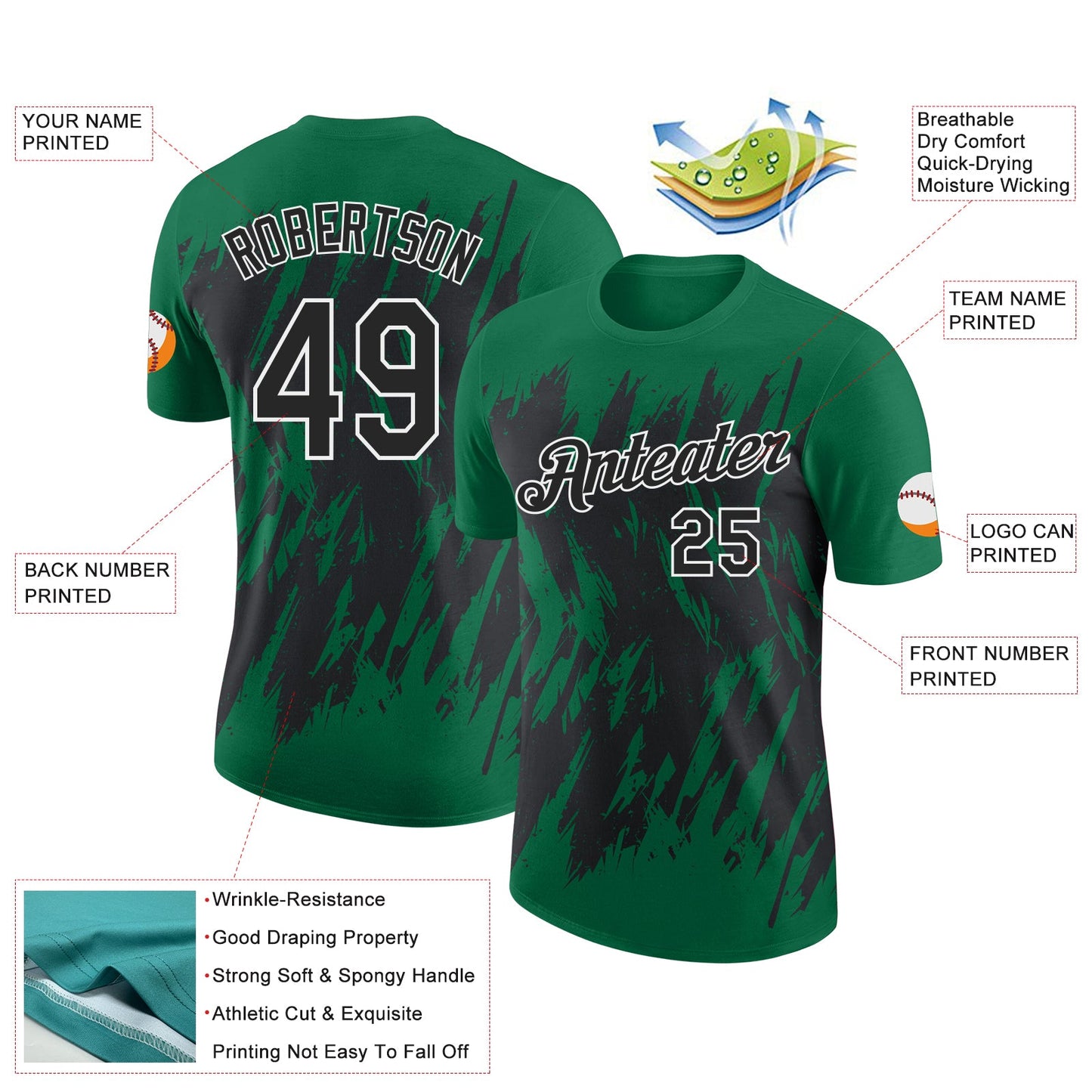 Custom Kelly Green Black-White Torn Sharp Brush Stroke Splatter Performance T-Shirt view 2