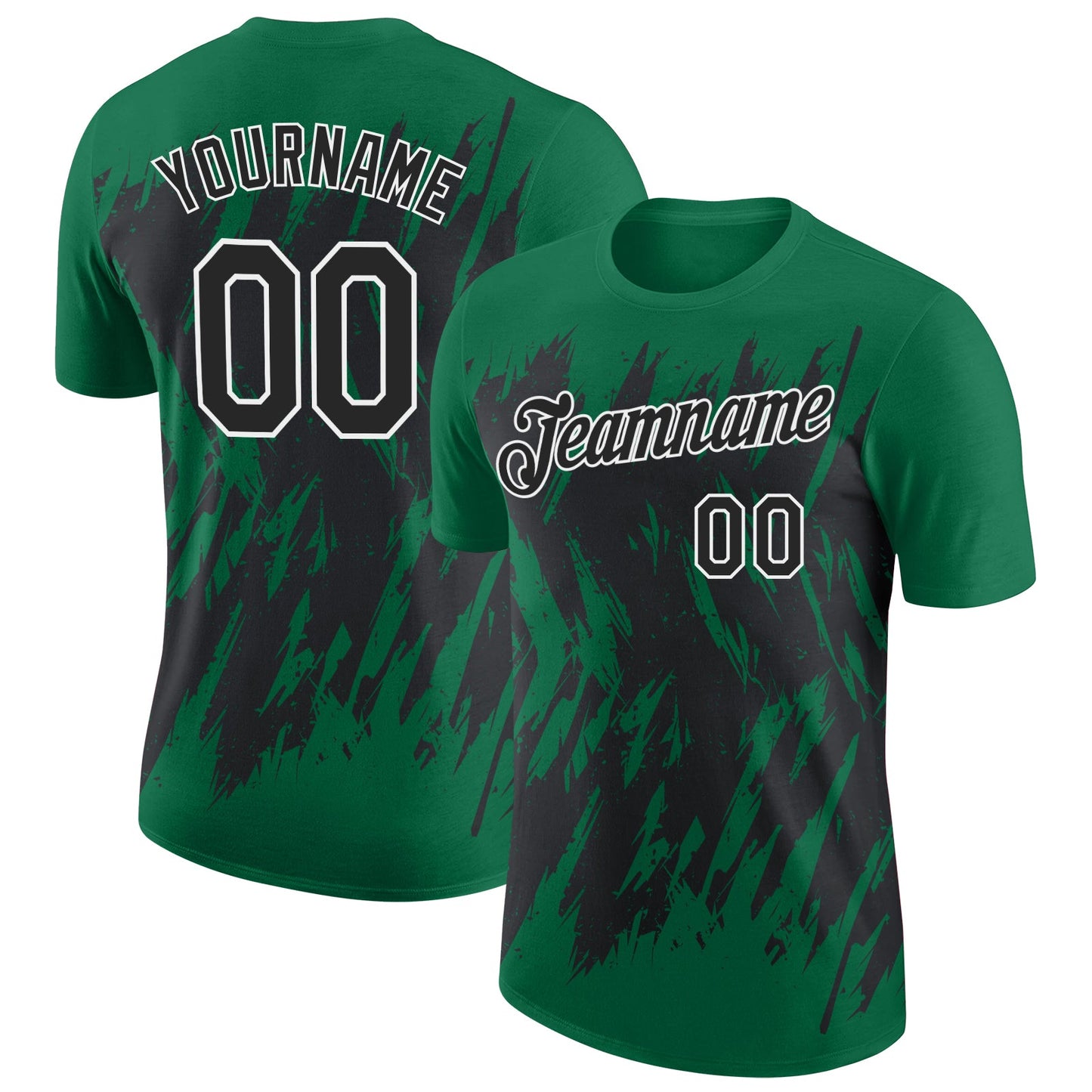 Custom Kelly Green Black-White Torn Sharp Brush Stroke Splatter Performance T-Shirt - Main View
