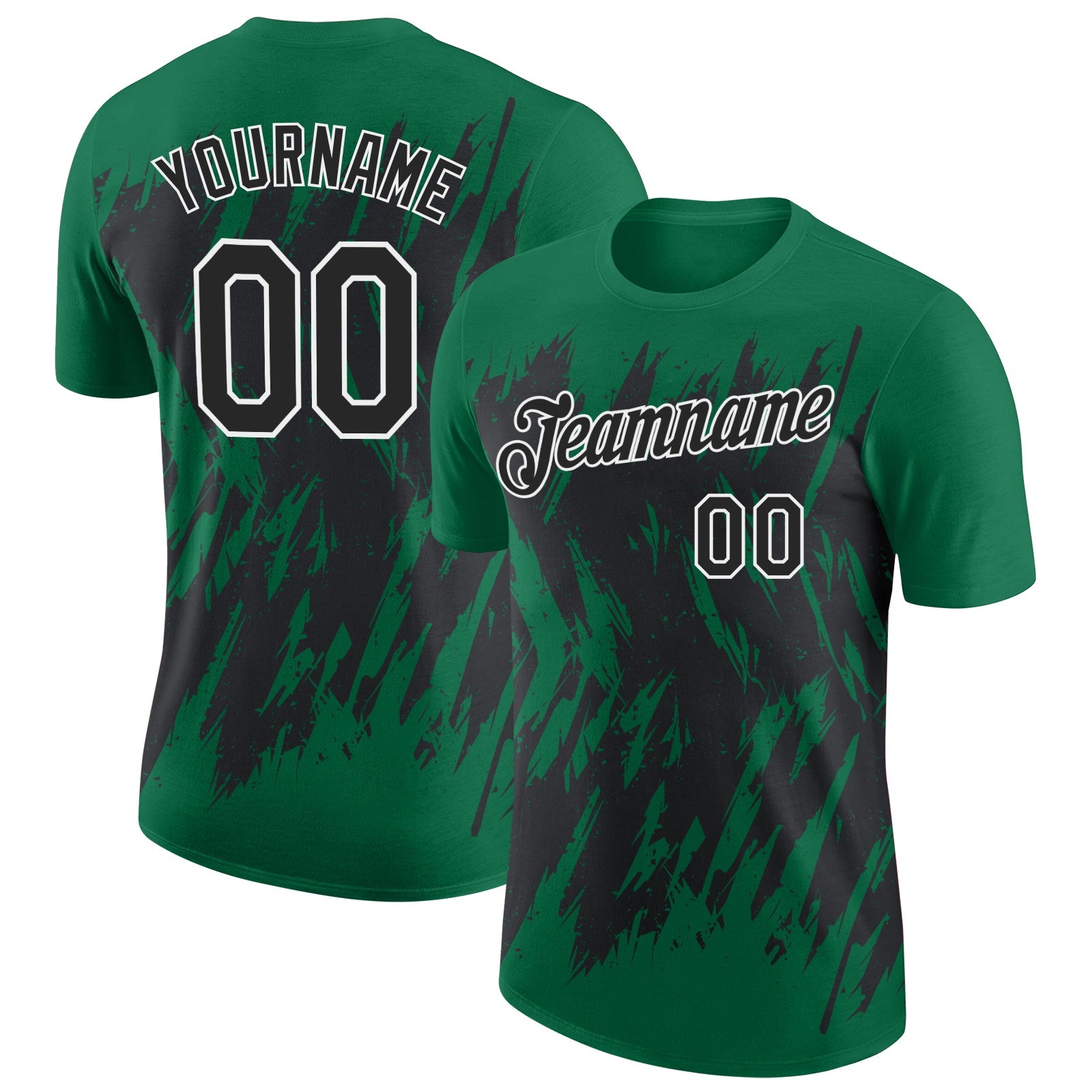 Custom Kelly Green Black-White Torn Sharp Brush Stroke Splatter Performance T-Shirt - Main View