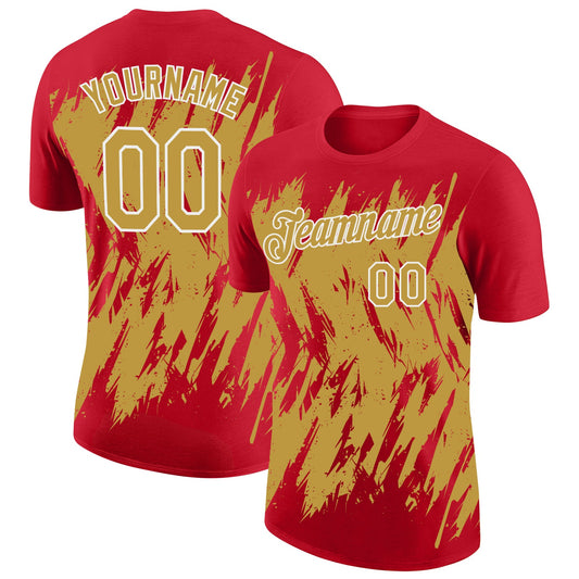 Custom Red Old Gold-White Torn Sharp Brush Stroke Splatter Performance T-Shirt - Main View
