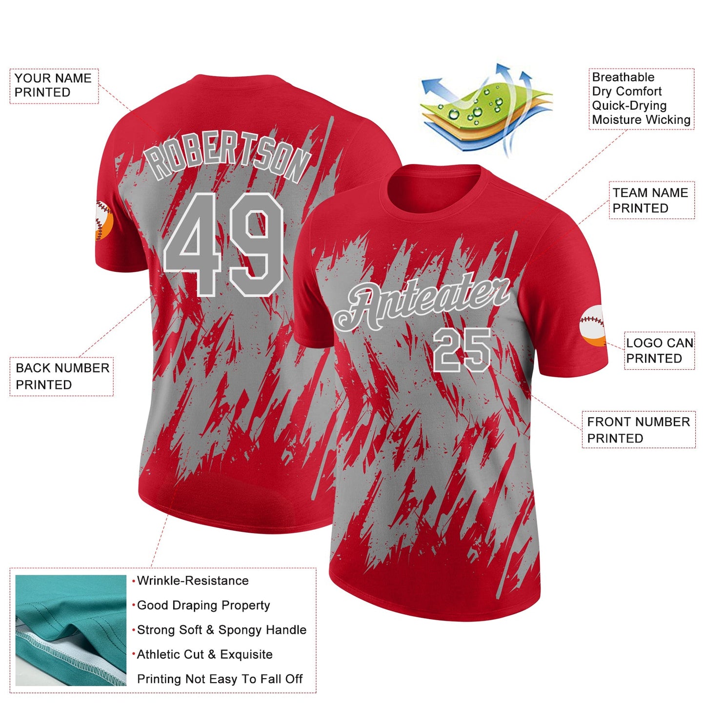 Custom Red Gray-White Torn Sharp Brush Stroke Splatter Performance T-Shirt view 2