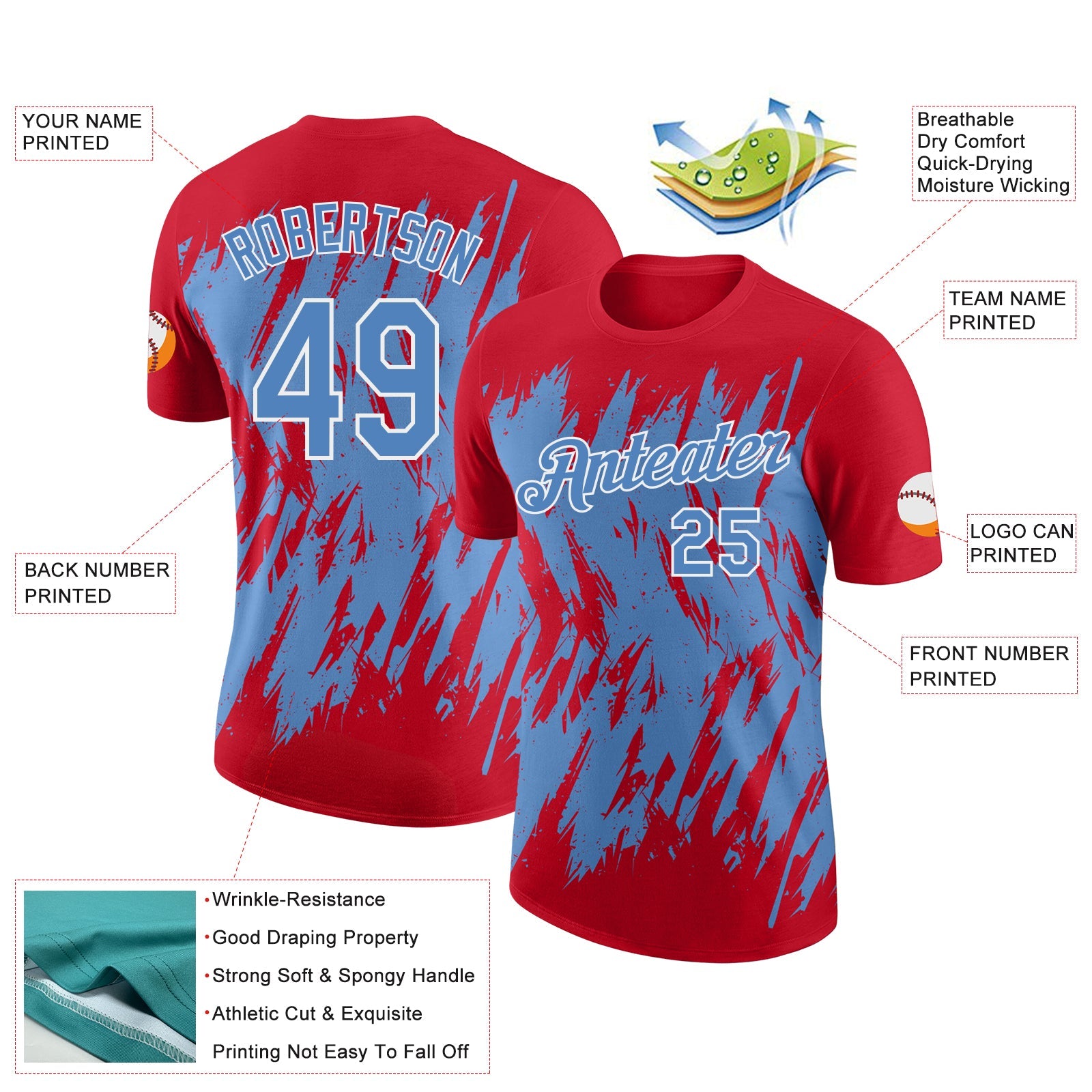 Custom Red Light Blue-White Torn Sharp Brush Stroke Splatter Performance T-Shirt view 2