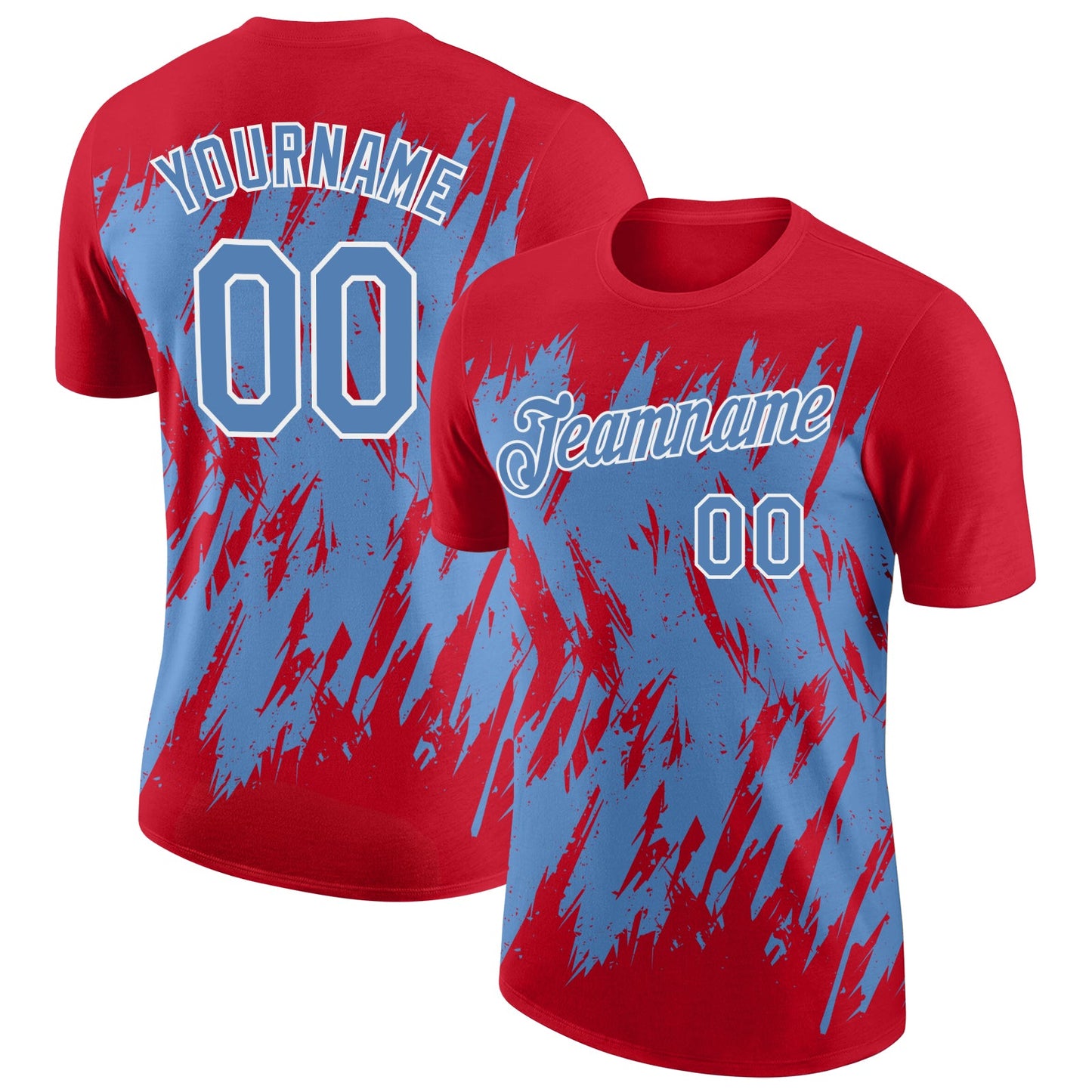 Custom Red Light Blue-White Torn Sharp Brush Stroke Splatter Performance T-Shirt - Main View