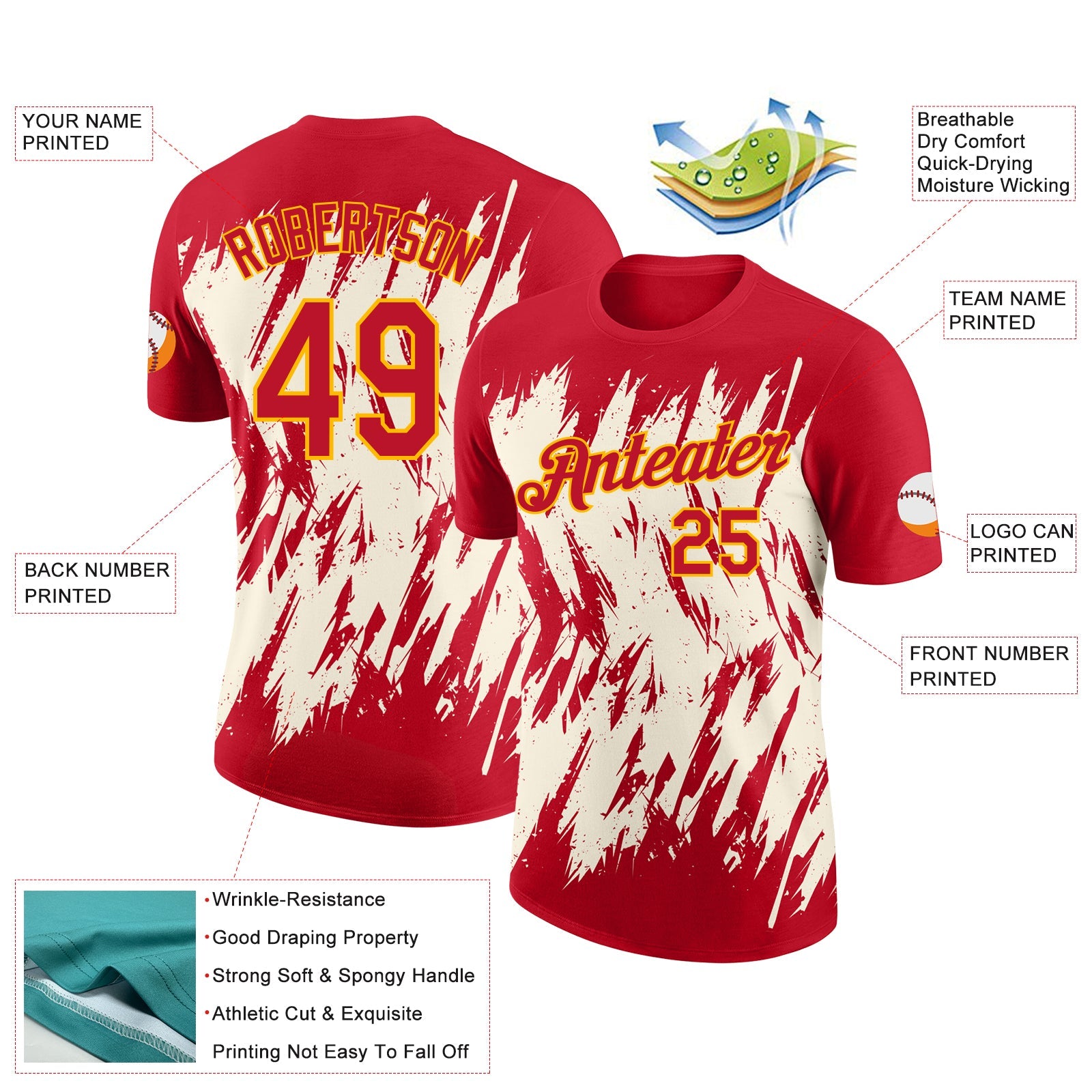 Custom Red Cream-Yellow Torn Sharp Brush Stroke Splatter Performance T-Shirt view 2