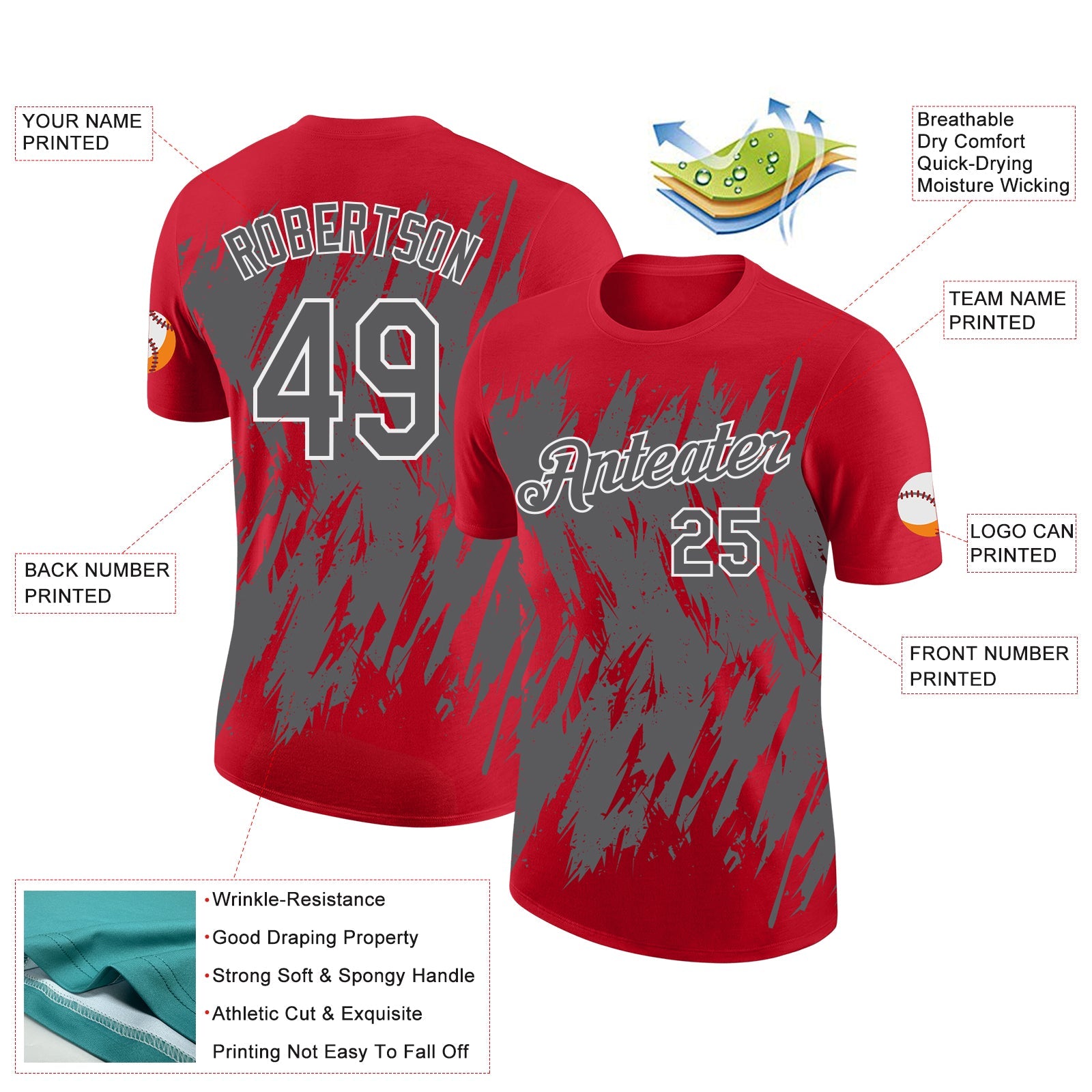 Custom Red Steel Gray-White Torn Sharp Brush Stroke Splatter Performance T-Shirt view 2