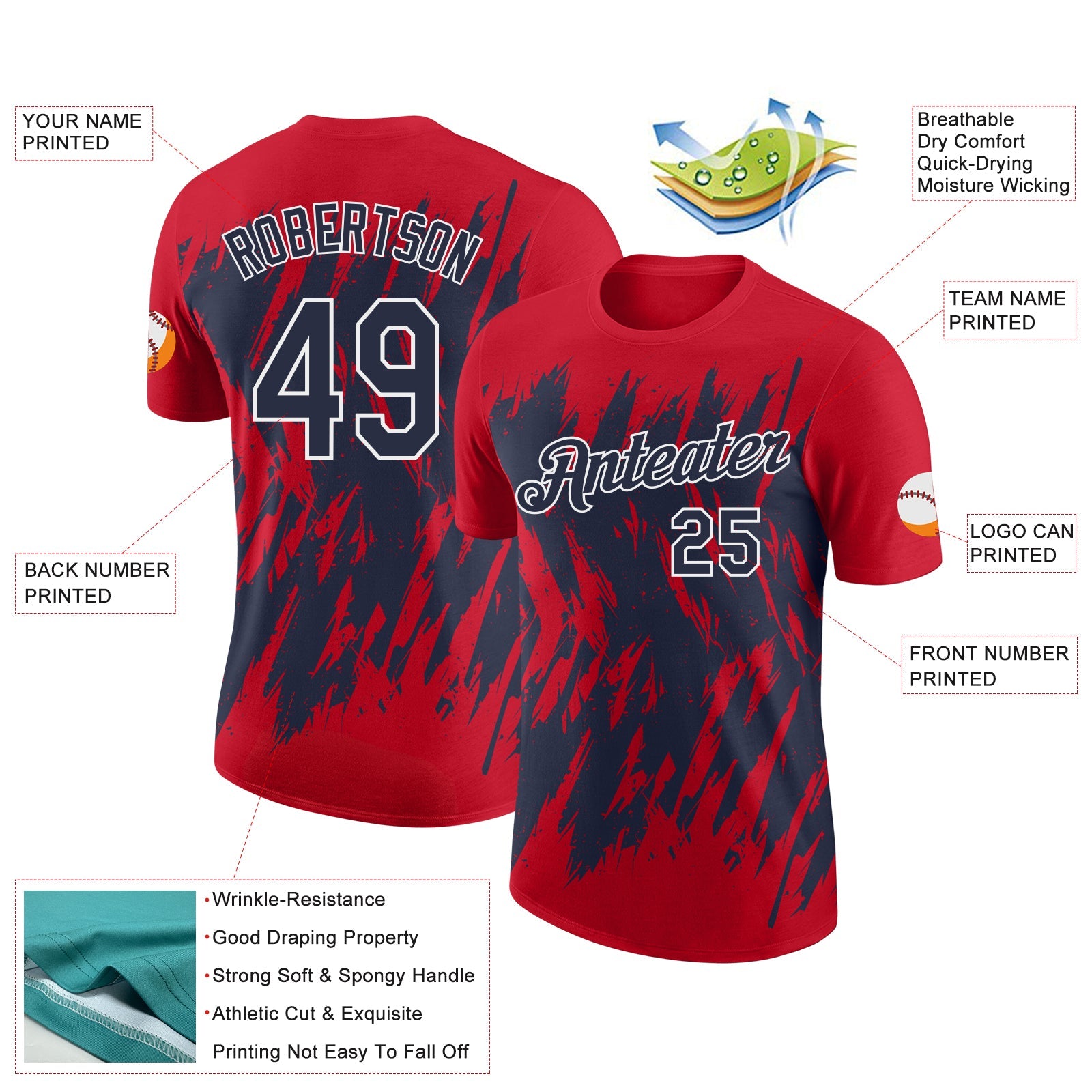 Custom Red Navy-White Torn Sharp Brush Stroke Splatter Performance T-Shirt view 2