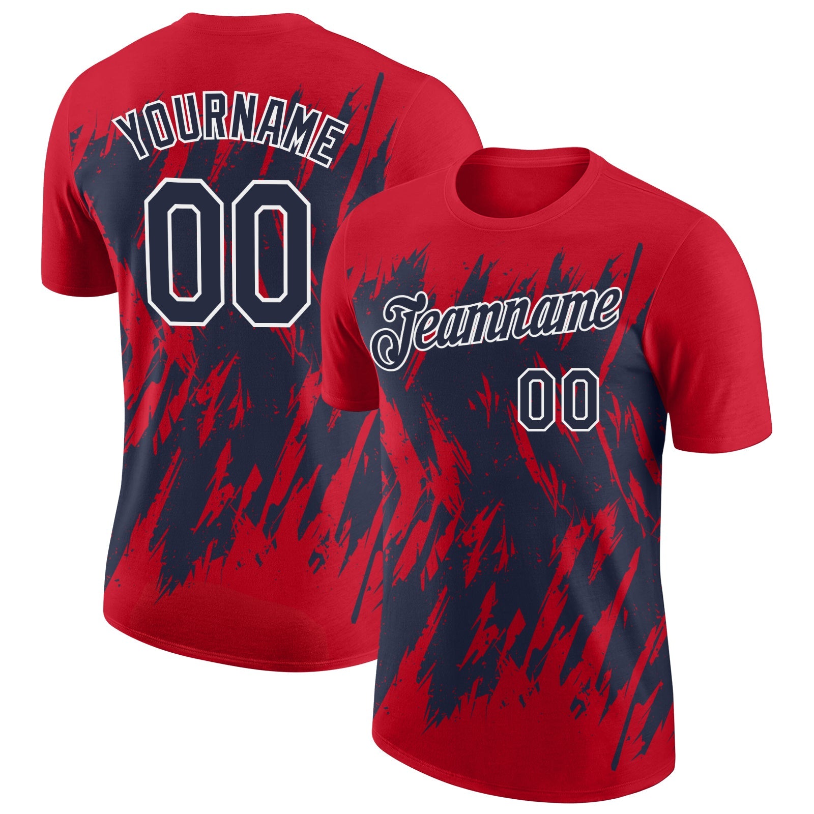 Custom Red Navy-White Torn Sharp Brush Stroke Splatter Performance T-Shirt - Main View