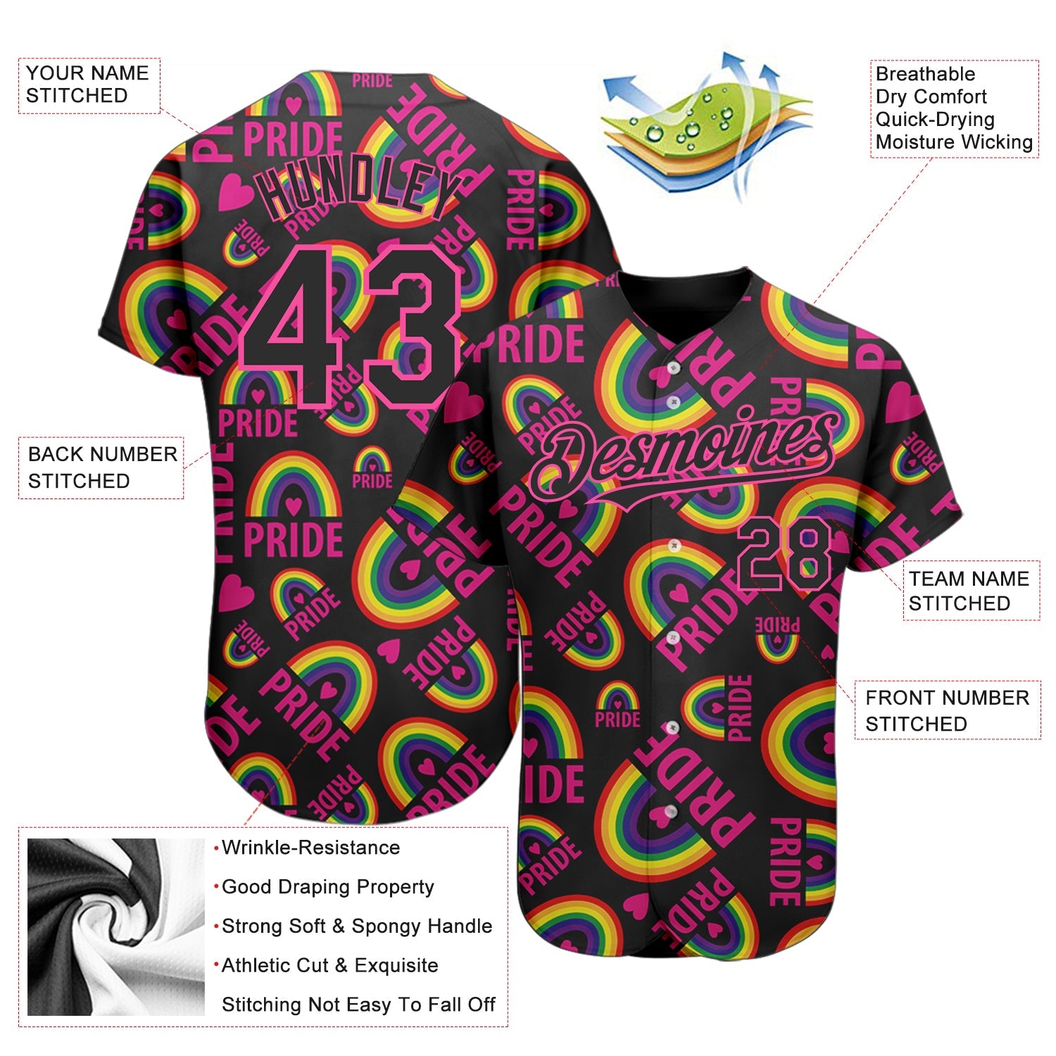 Custom Rainbow For Pride Month Love Is Love LGBT 3D Authentic Baseball Jersey view 3