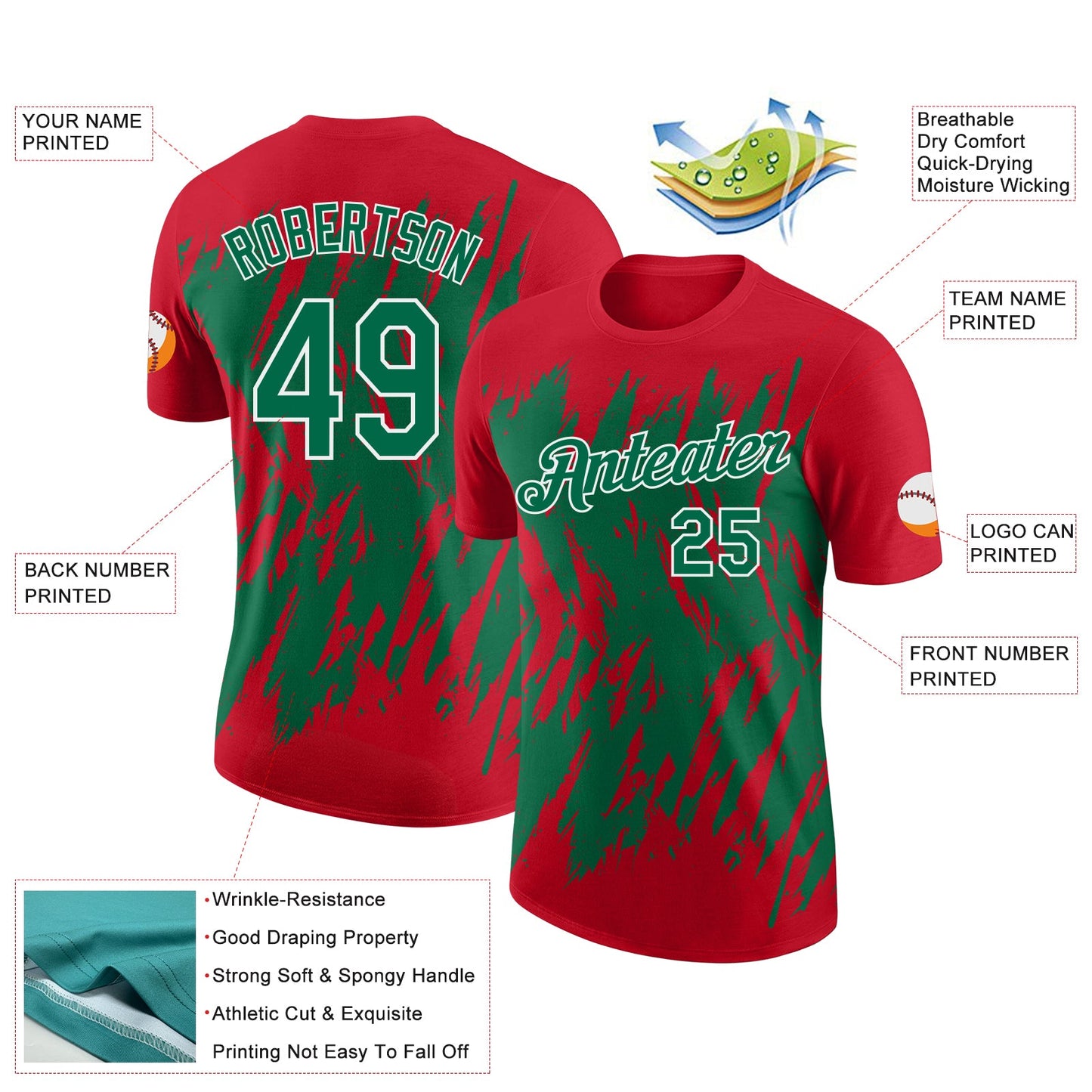 Custom Red Kelly Green-White Torn Sharp Brush Stroke Splatter Performance T-Shirt view 2