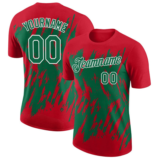Custom Red Kelly Green-White Torn Sharp Brush Stroke Splatter Performance T-Shirt - Main View