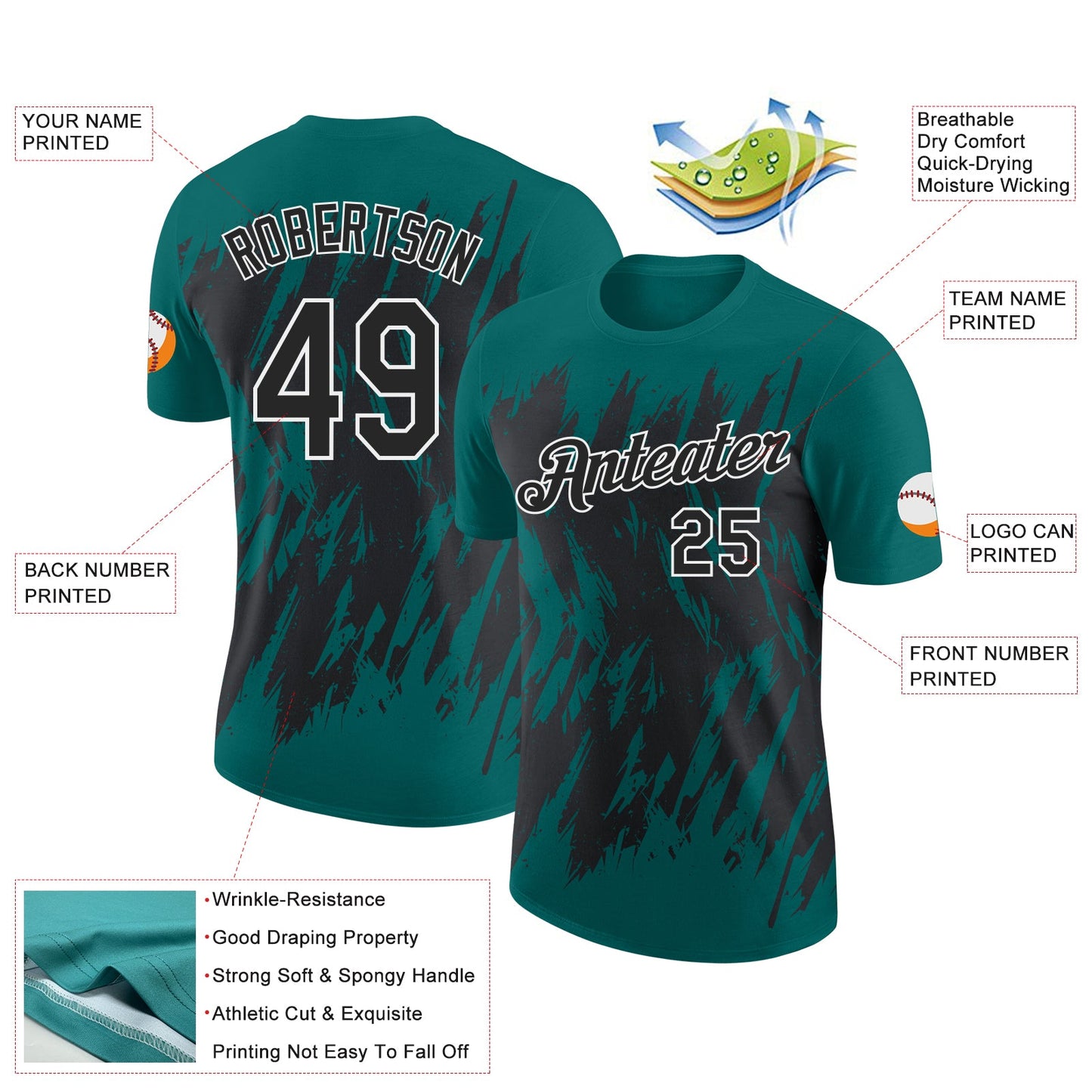 Custom Teal Black-White Torn Sharp Brush Stroke Splatter Performance T-Shirt view 2
