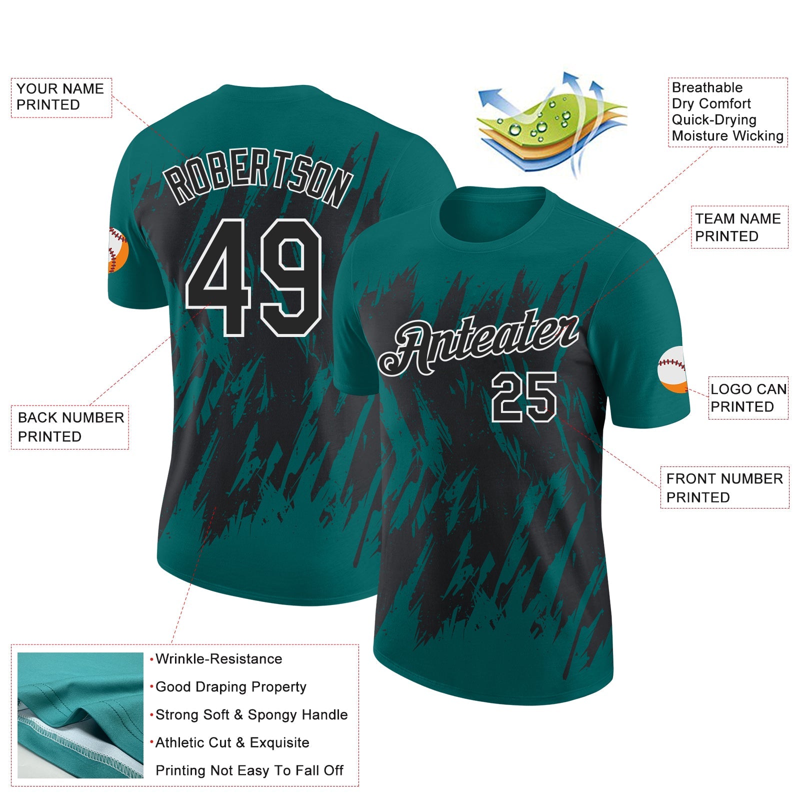 Custom Teal Black-White Torn Sharp Brush Stroke Splatter Performance T-Shirt view 2