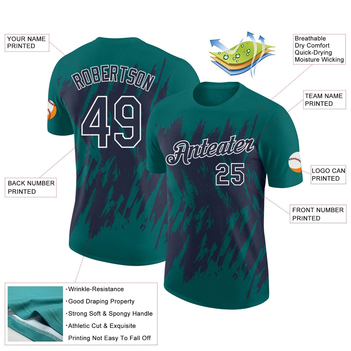 Custom Teal Navy-White Torn Sharp Brush Stroke Splatter Performance T-Shirt view 2