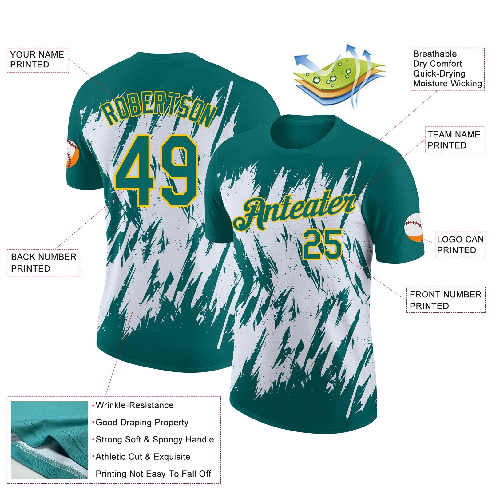 Custom Teal White-Yellow Torn Sharp Brush Stroke Splatter Performance T-Shirt view 2