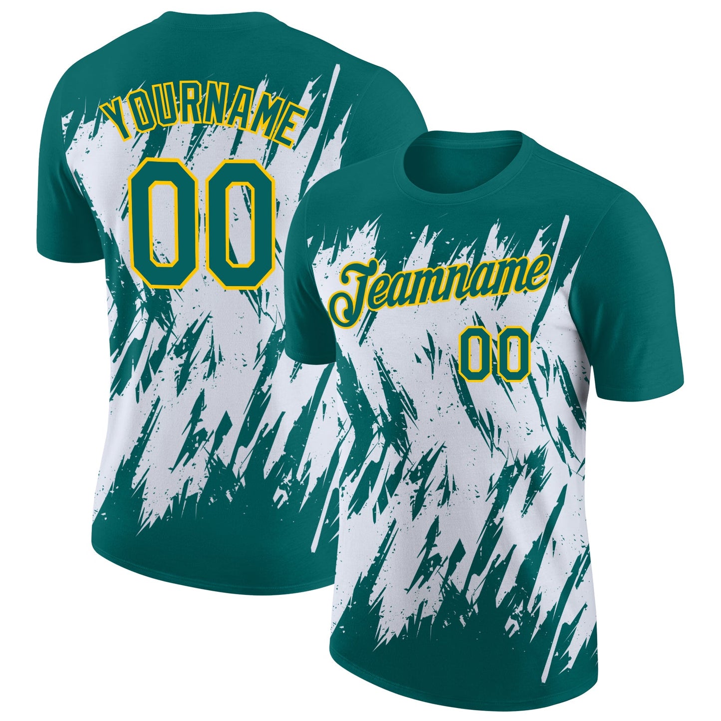 Custom Teal White-Yellow Torn Sharp Brush Stroke Splatter Performance T-Shirt - Main View