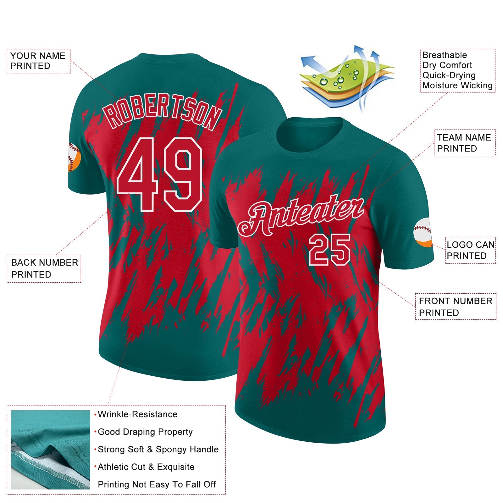 Custom Teal Red-White Torn Sharp Brush Stroke Splatter Performance T-Shirt view 2
