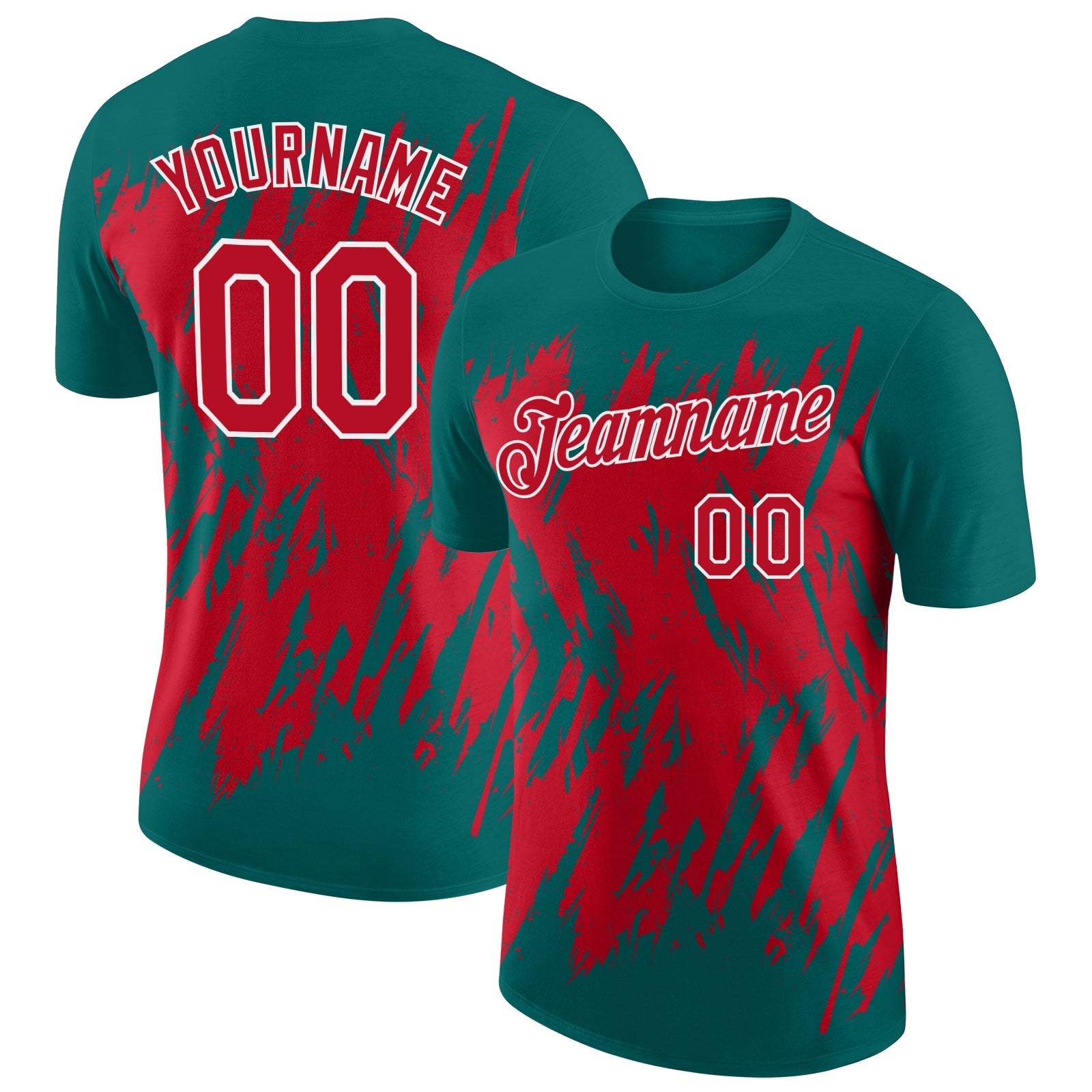 Custom Teal Red-White Torn Sharp Brush Stroke Splatter Performance T-Shirt - Main View