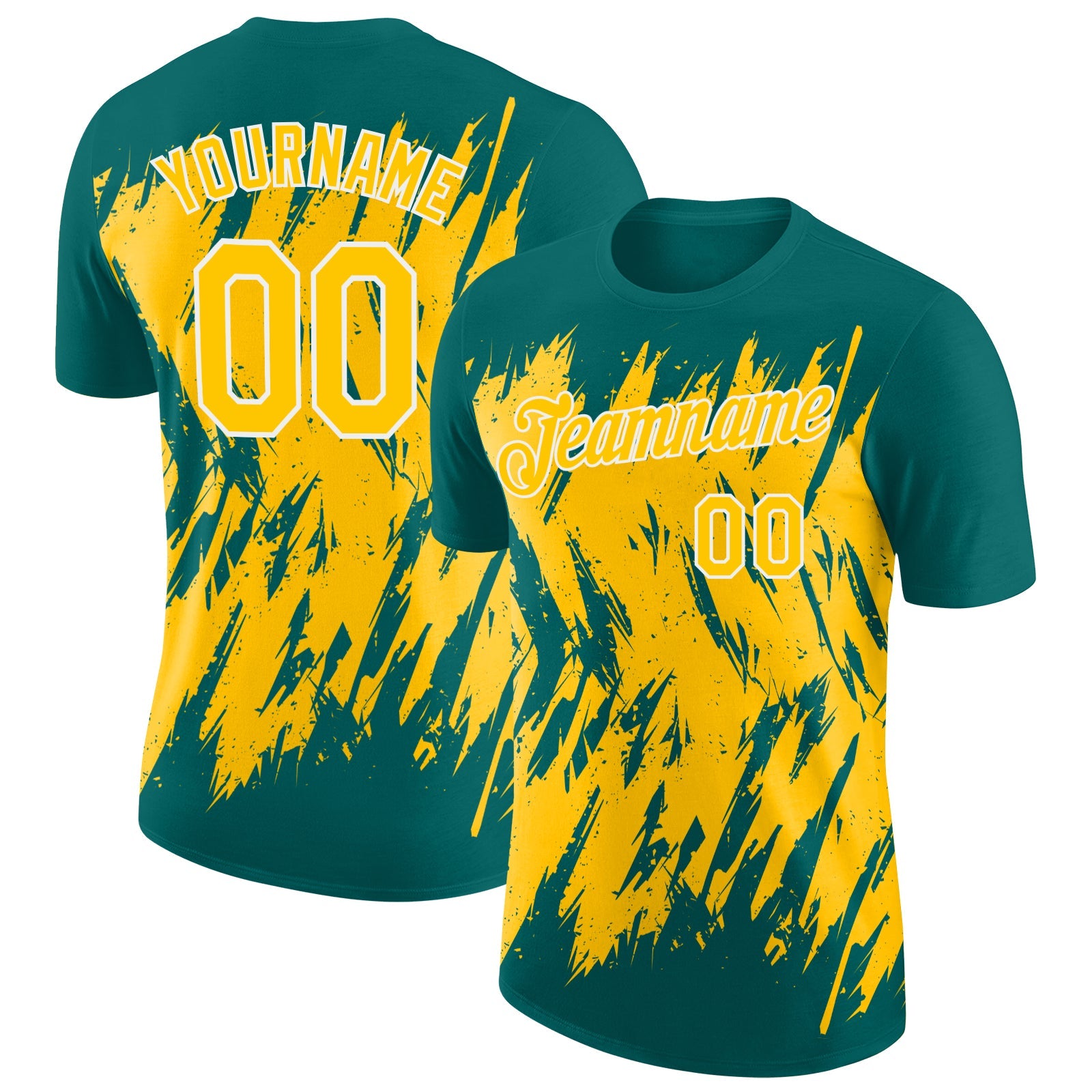 Custom Teal Yellow-White Torn Sharp Brush Stroke Splatter Performance T-Shirt - Main View