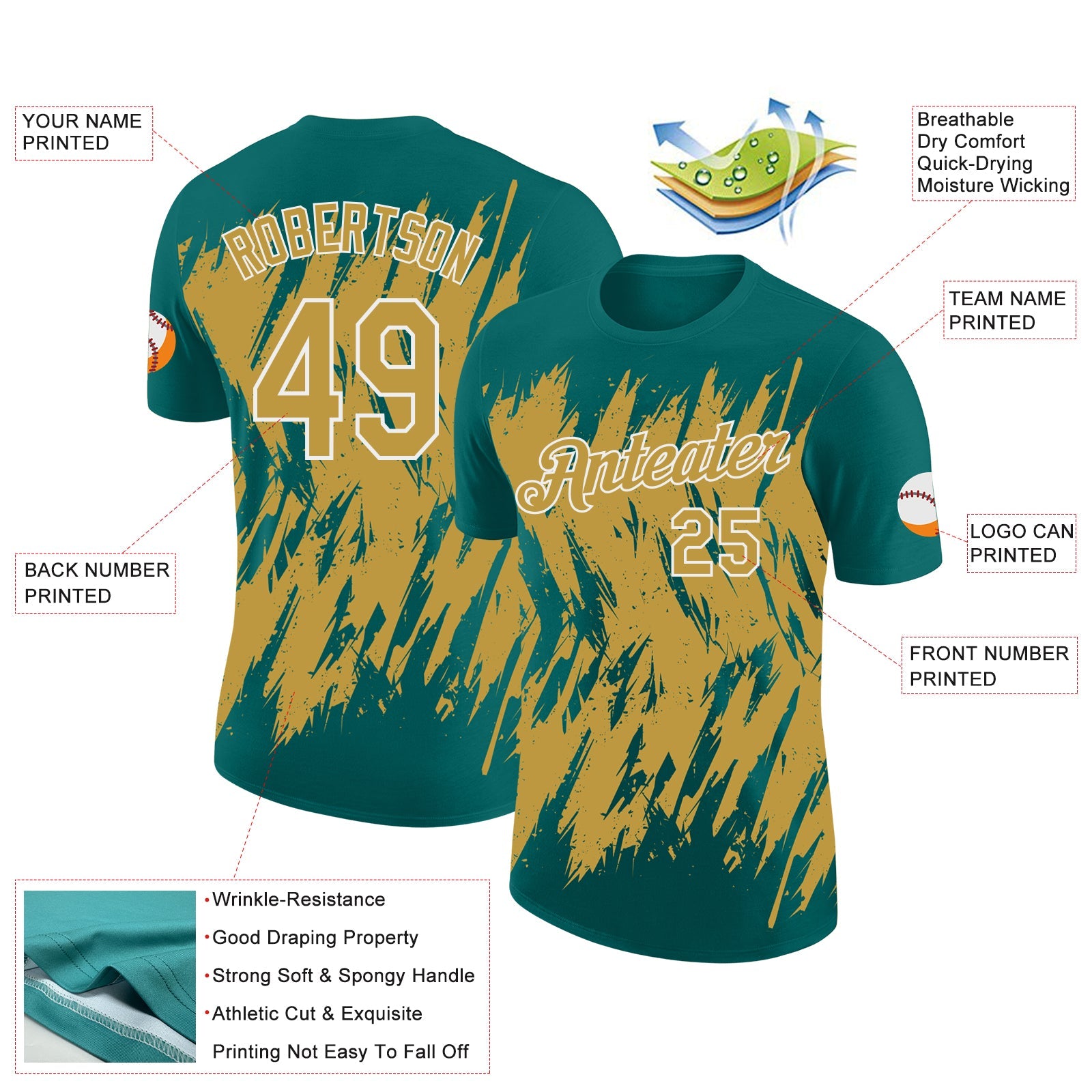 Custom Teal Old Gold-White Torn Sharp Brush Stroke Splatter Performance T-Shirt view 2