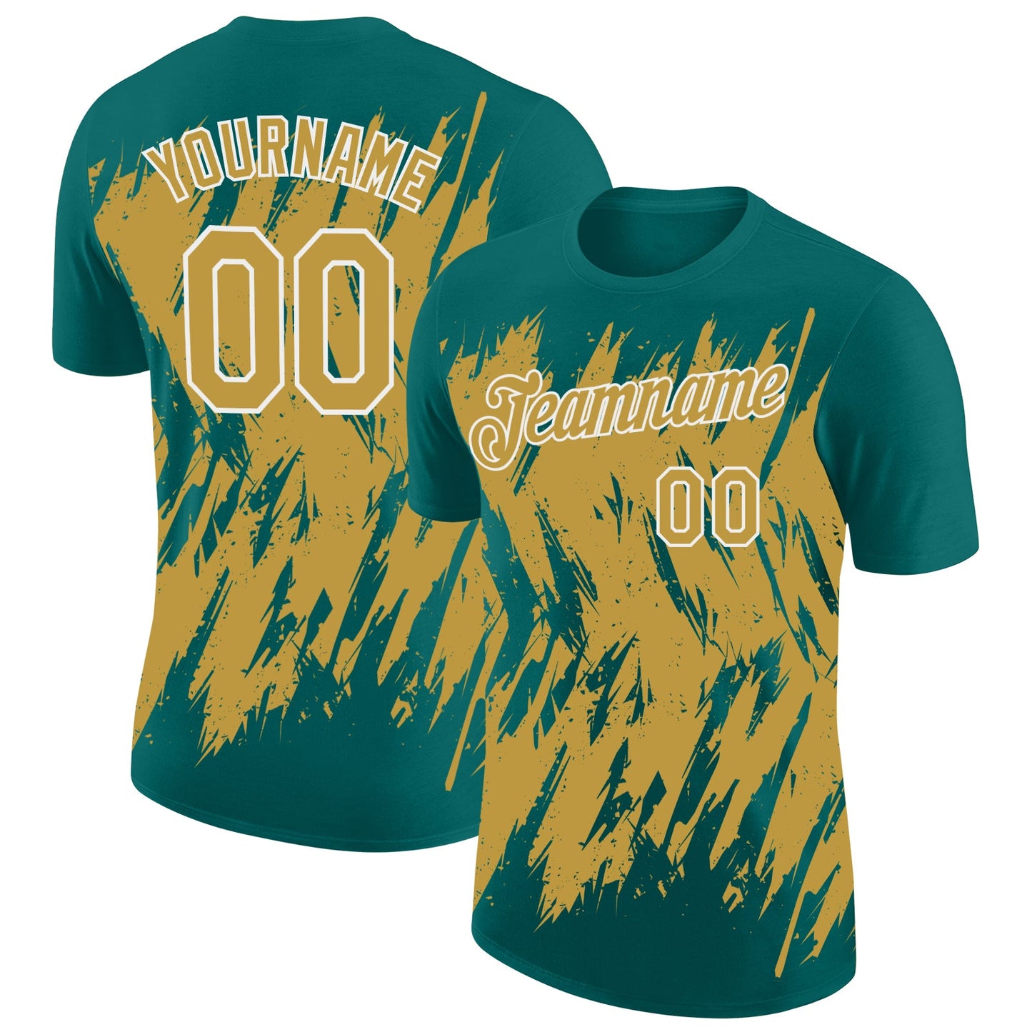 Custom Teal Old Gold-White Torn Sharp Brush Stroke Splatter Performance T-Shirt - Main View