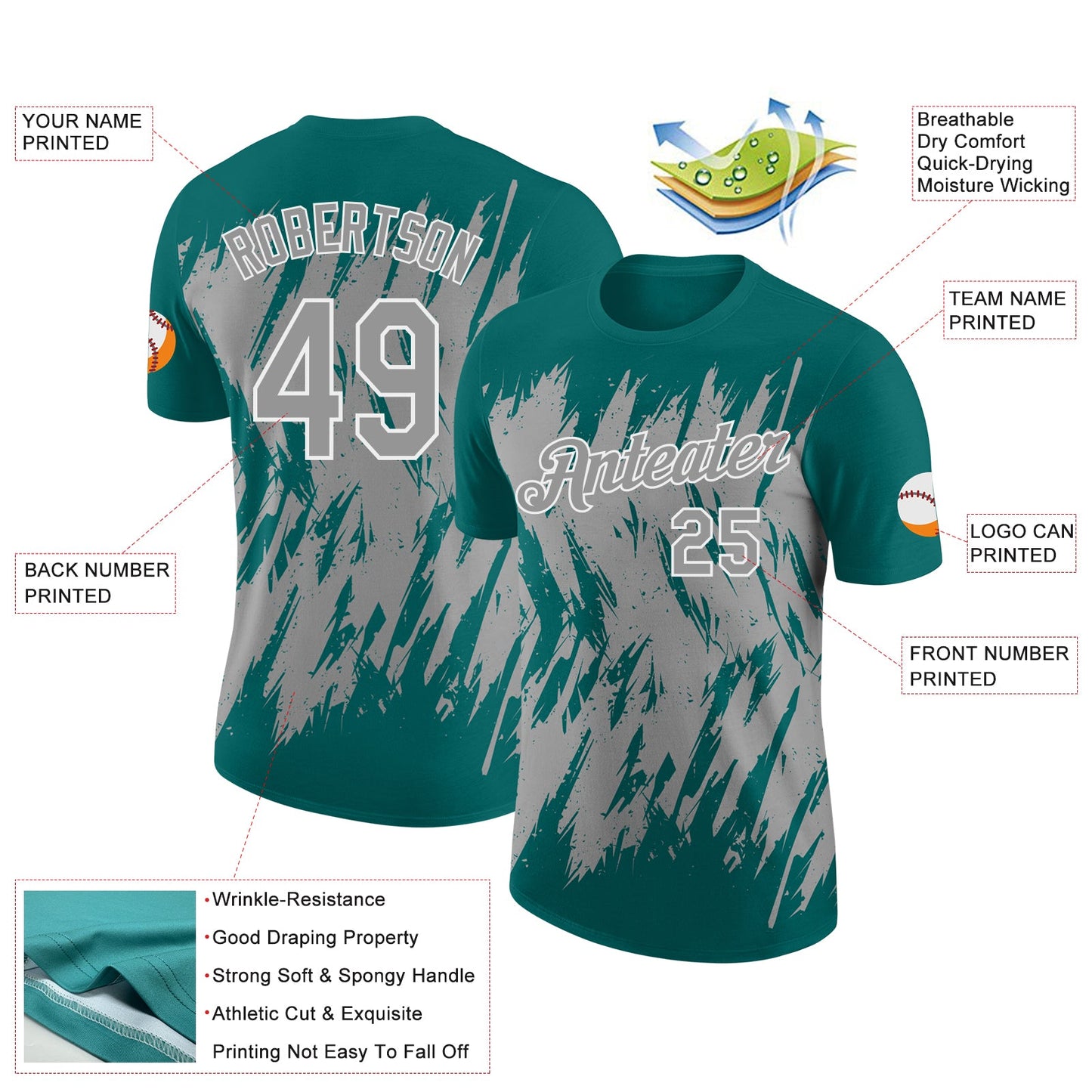 Custom Teal Gray-White Torn Sharp Brush Stroke Splatter Performance T-Shirt view 2